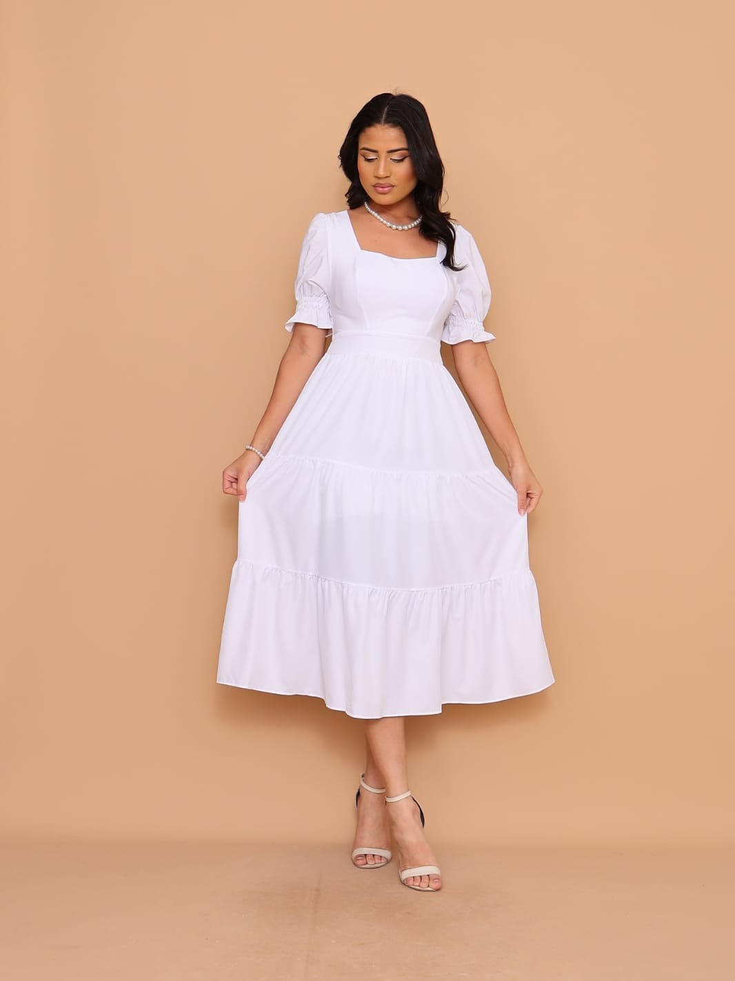 Vestido midi de crepinho  elegante Manga Curto 3154