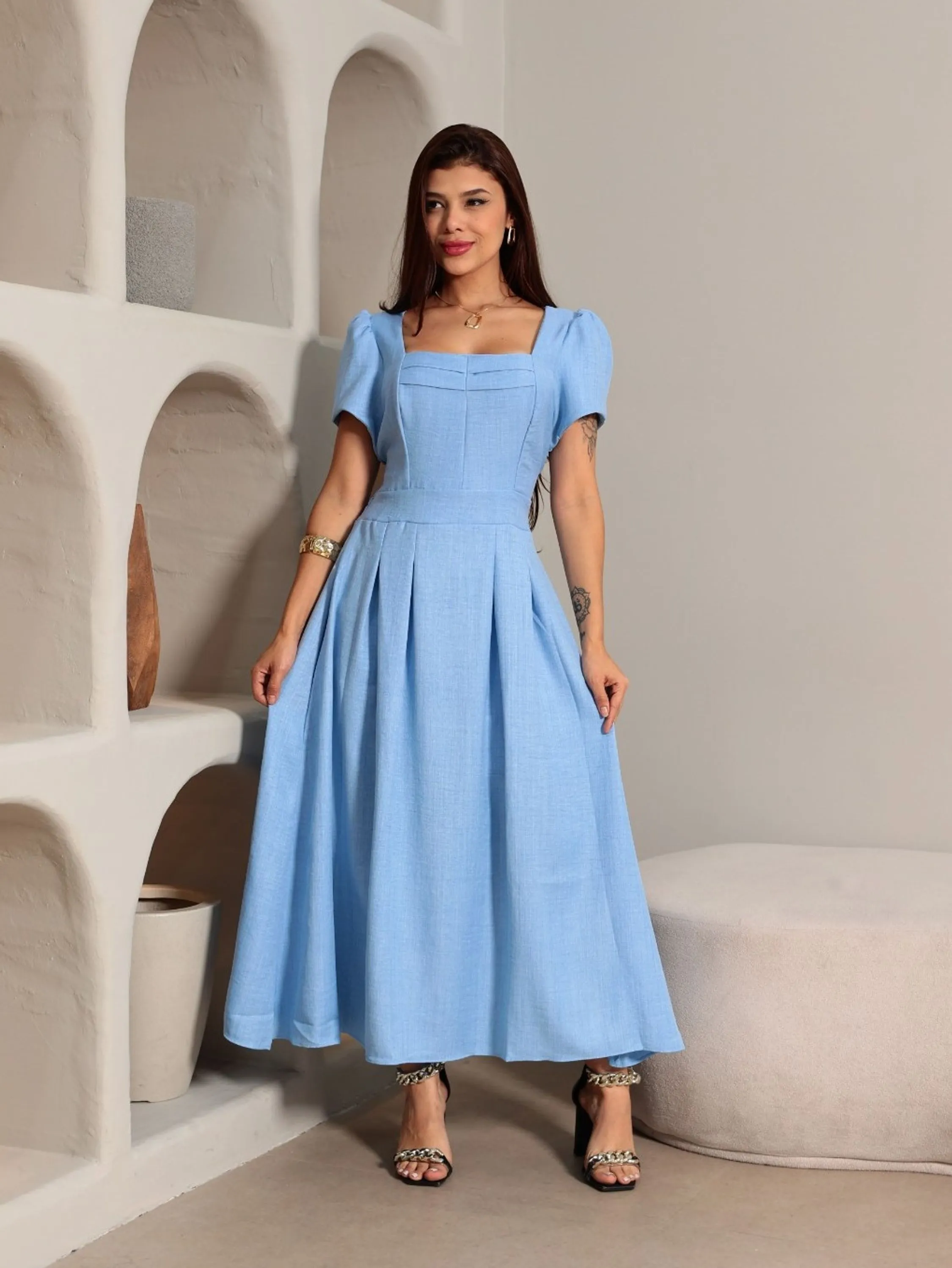 Vestido midi duna linho elegante manga curto