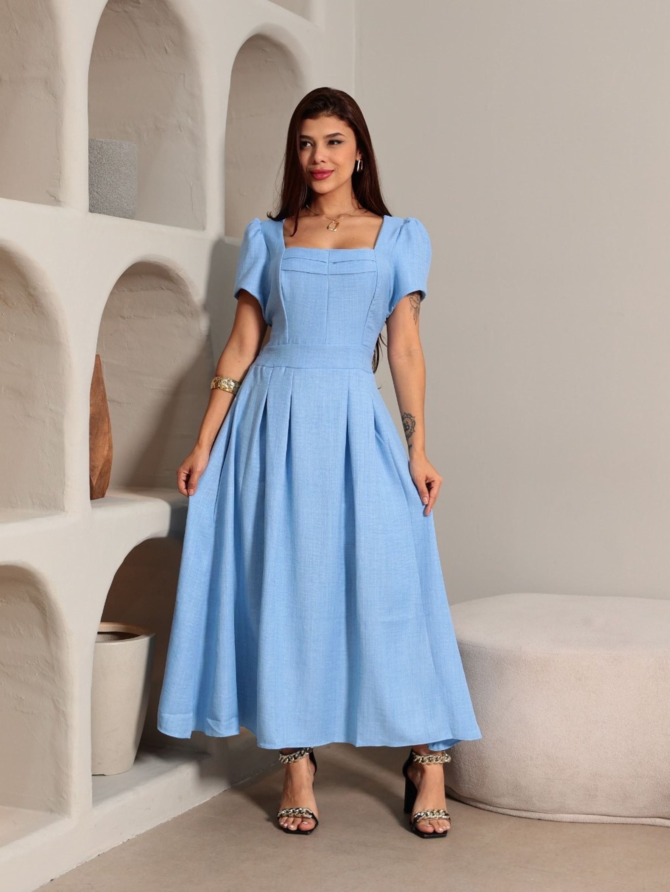 Vestido midi duna linho elegante manga curto 3093