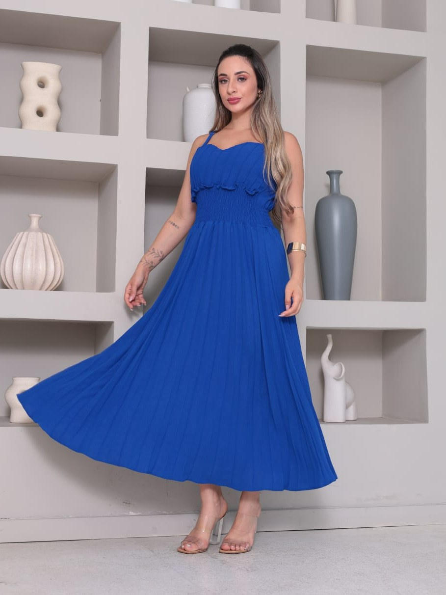vestido midi de alca duna plissado lastex na cintura 3102