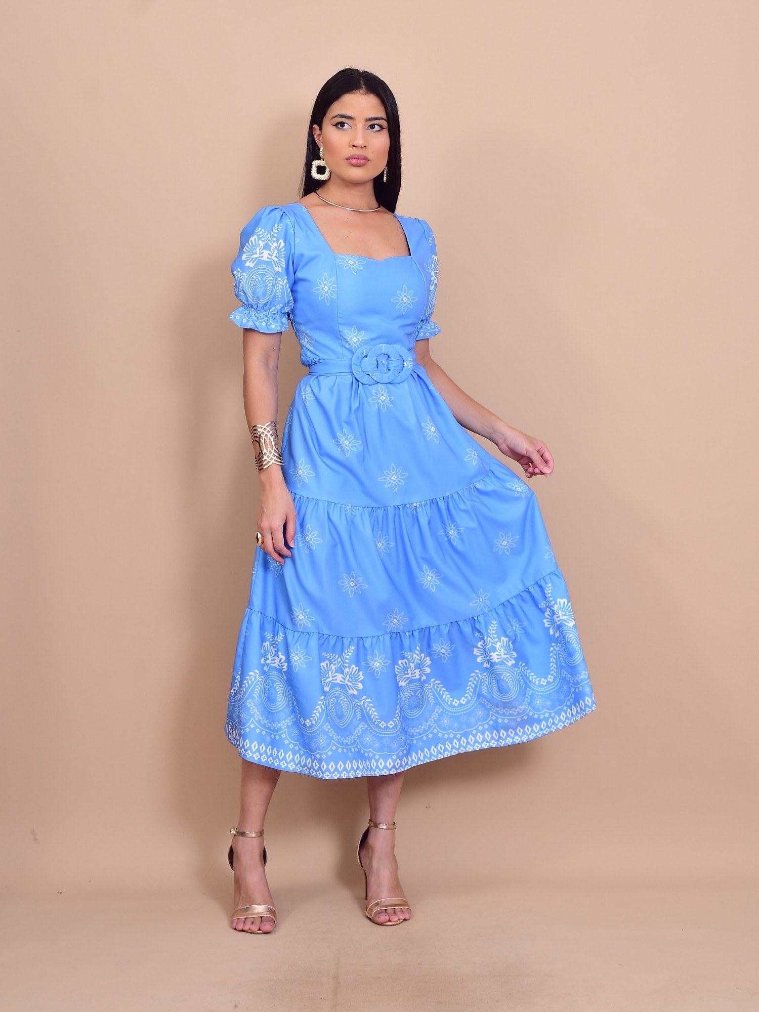 vestido midi crepinho com cinto manga curta3182