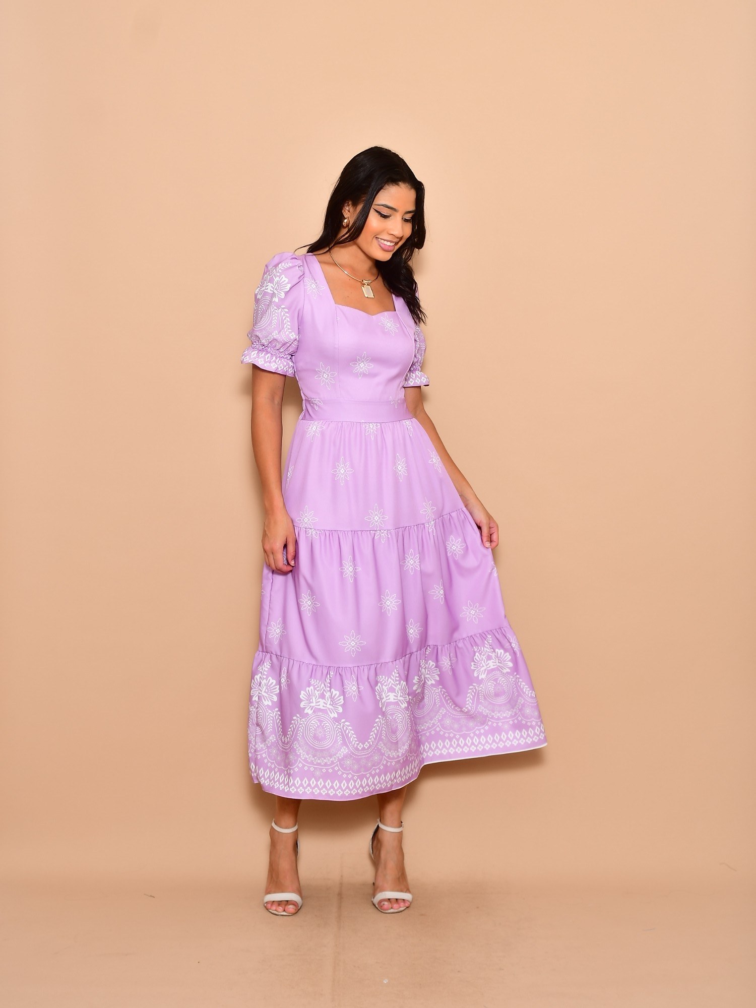 Vestido midi elegante estampado crepinho manga curta 8191