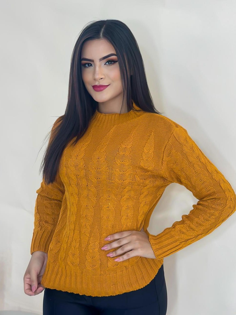 Blusa Suéter de Tricot Feminino Manga Trançada