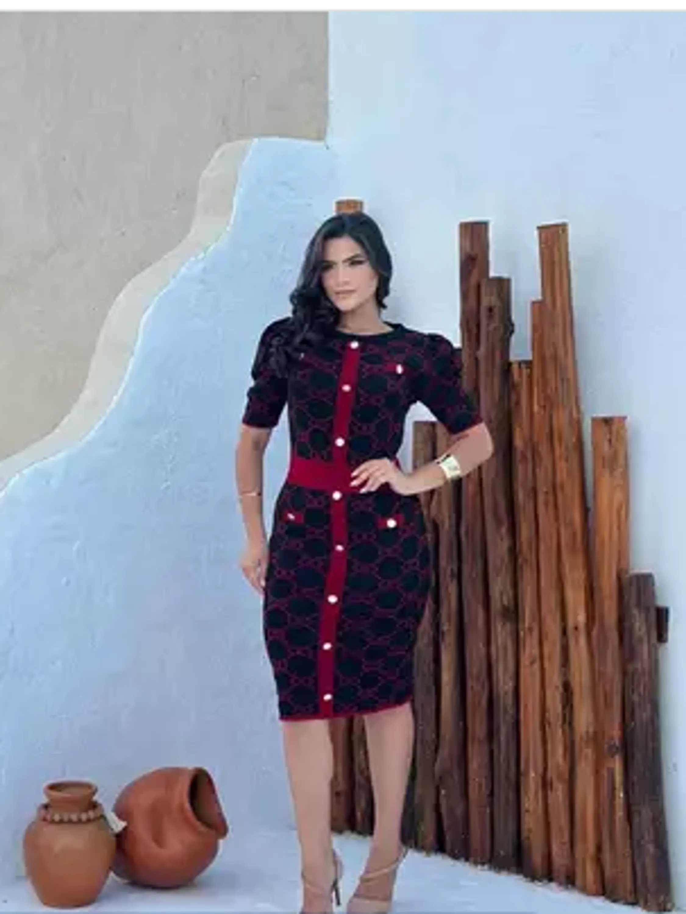 Vestido Midi Tricot Manga Princesa com Botão