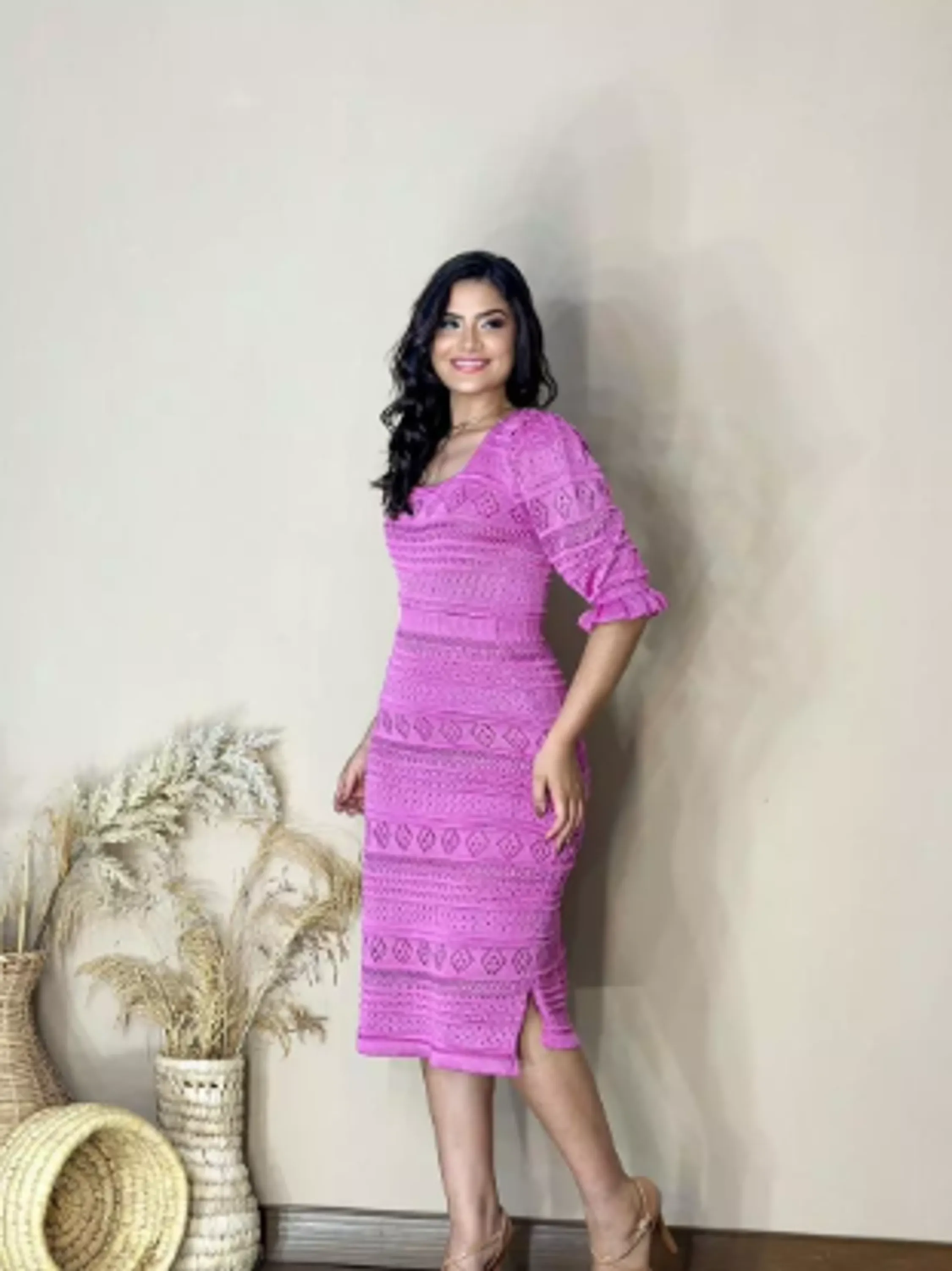 Vestido Midi Feminino Trico Raiom Manga Curta