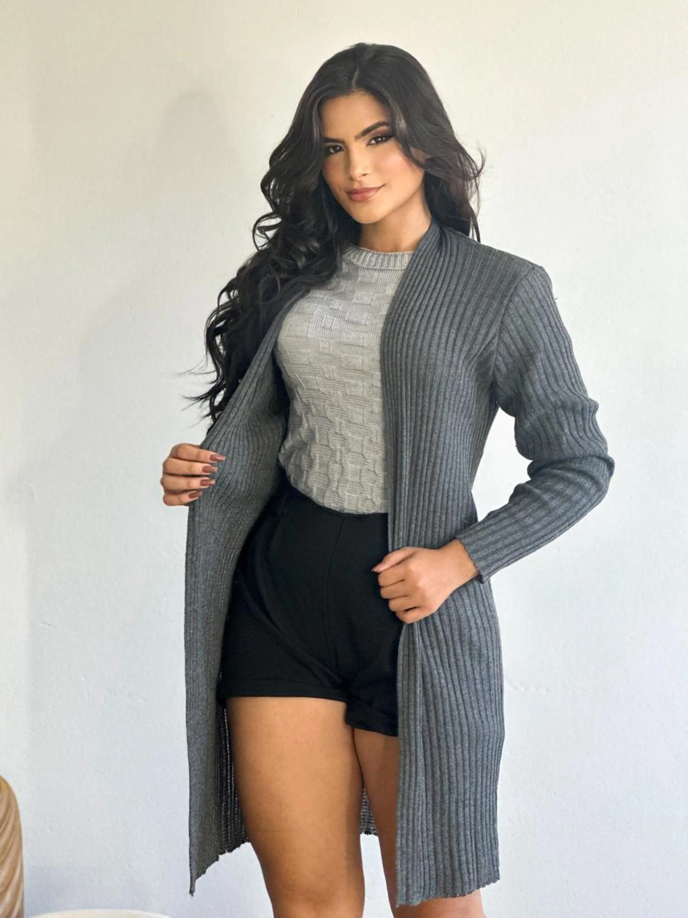 Cardigan Canelado Feminino Manga Longa Liso