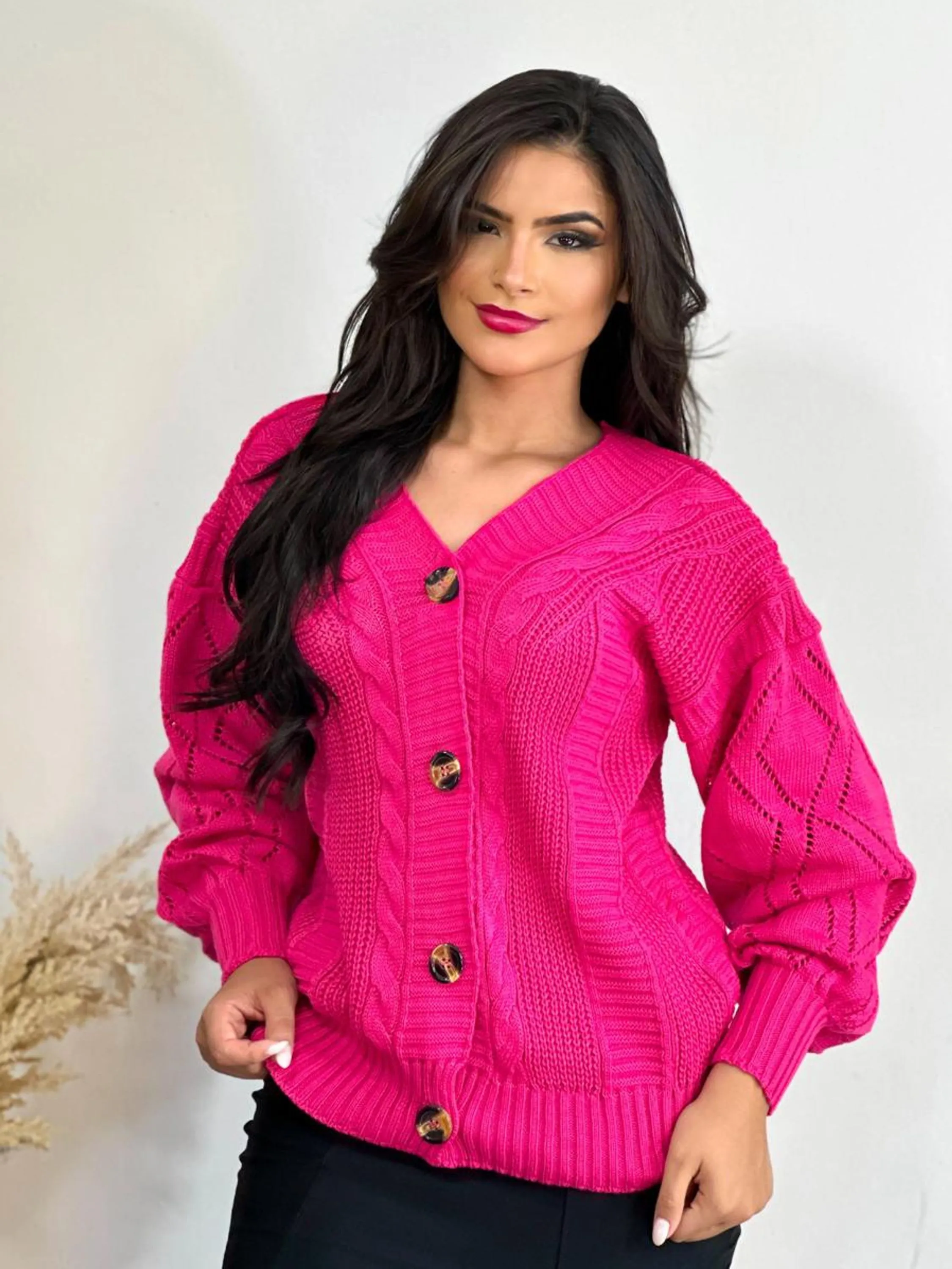 Suéter Blusa Cardigan Manga Longa Tricot com Botão