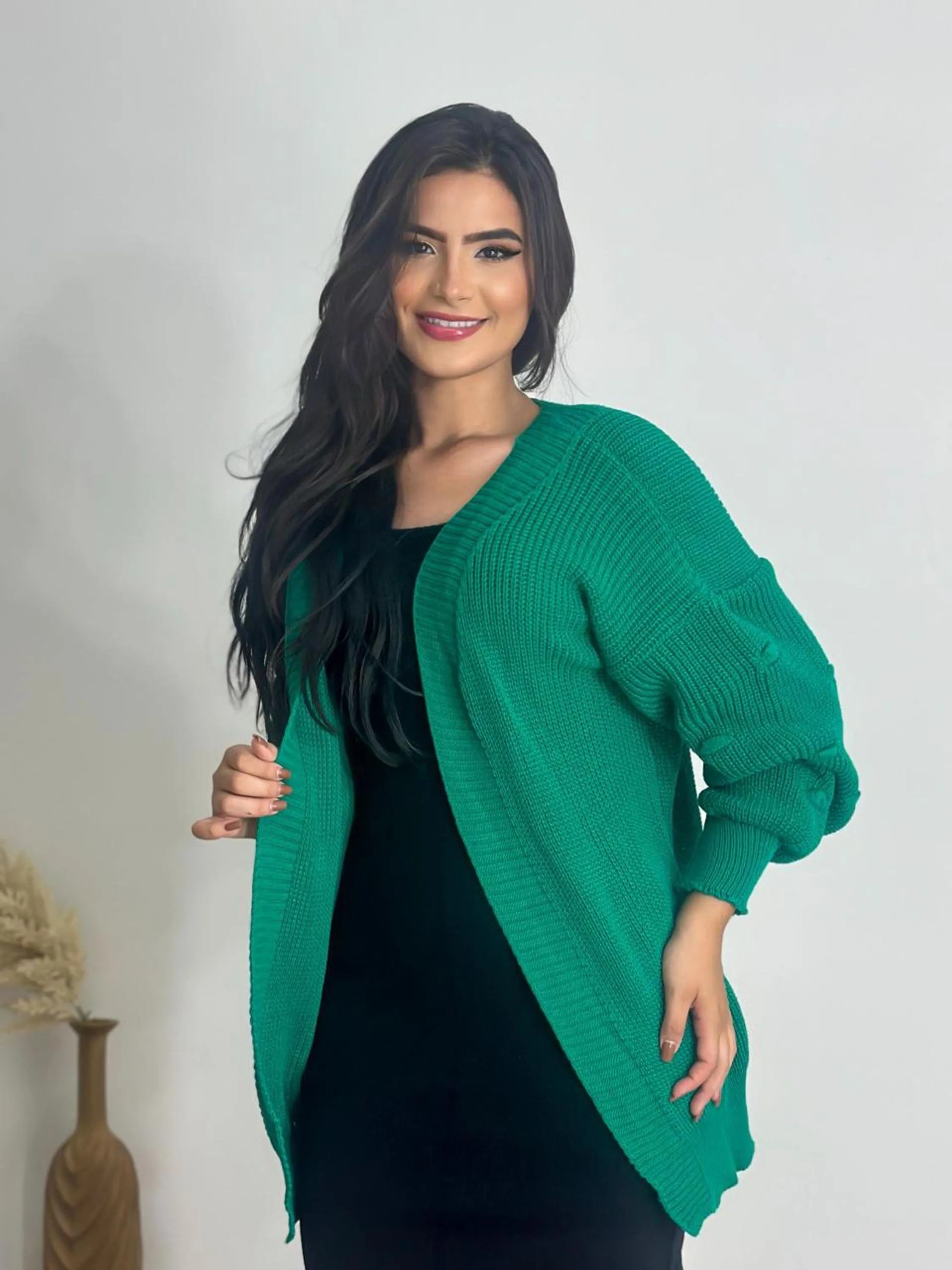 Casaco Cardigan Kimono de Tricot Manga Bufante Pipoca