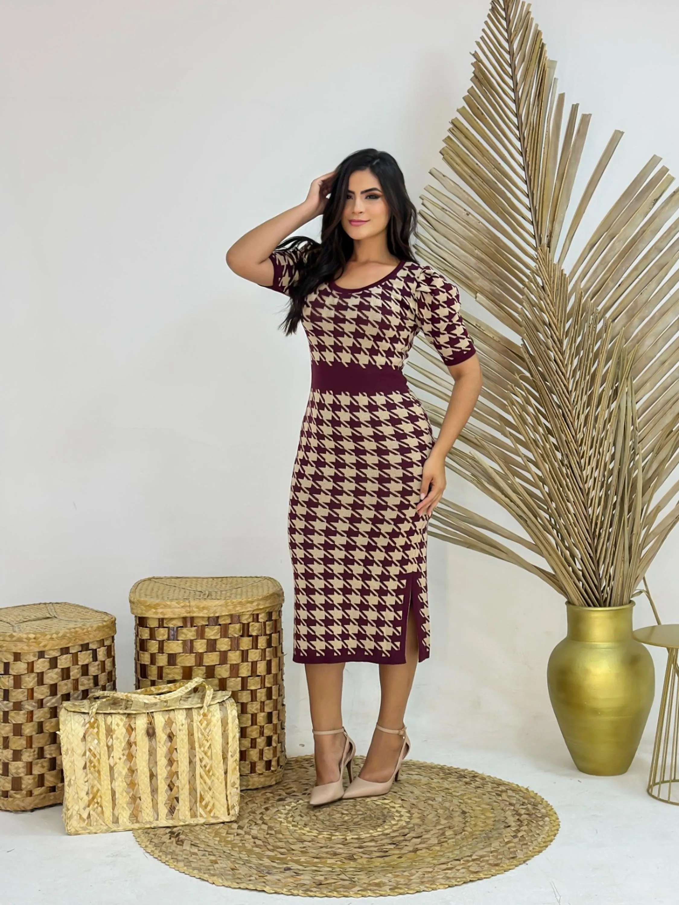 Vestido Feminino Midi de Trico Pied de Poule