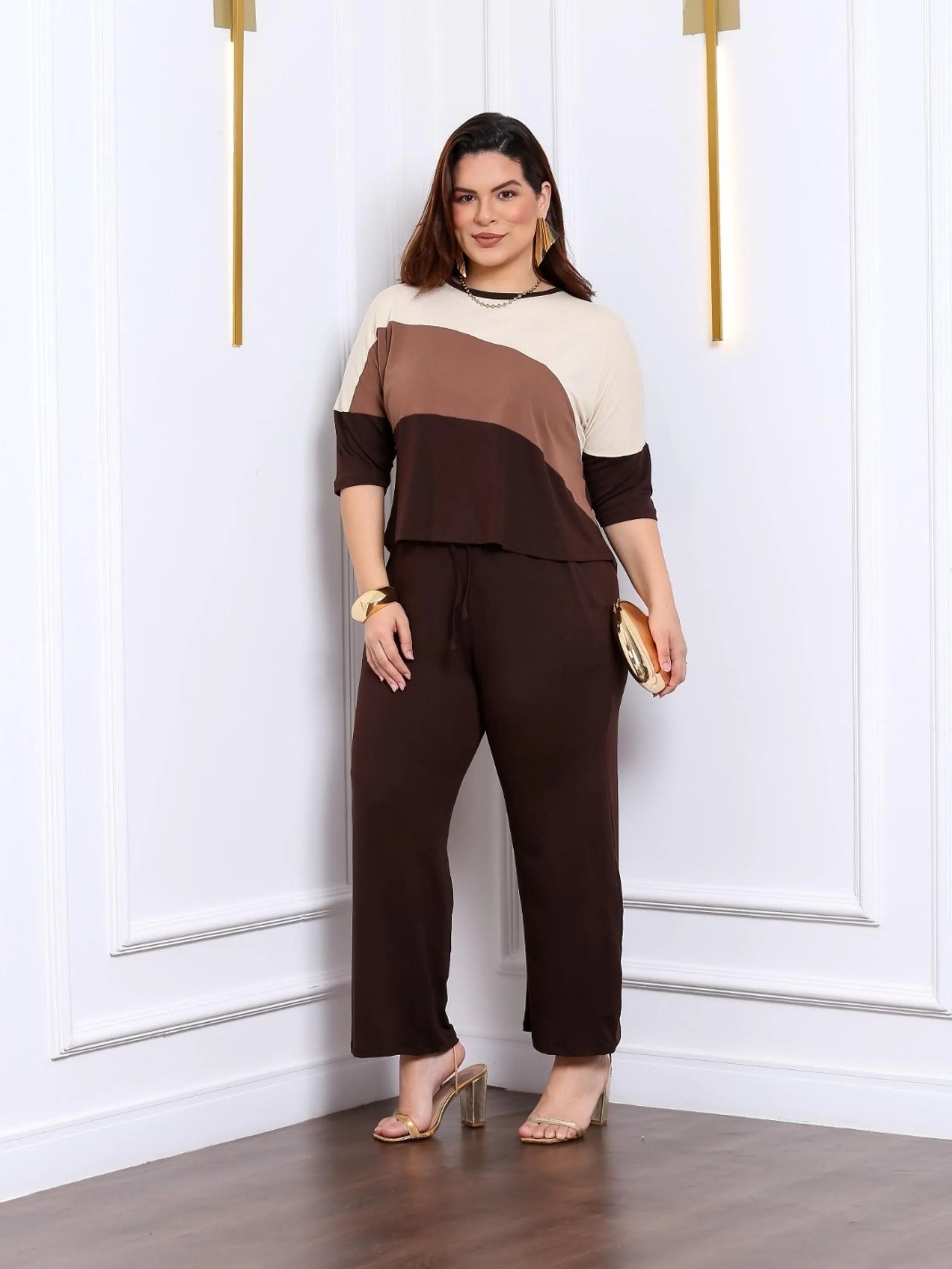Conjunto Feminino Emely, Calça Pantalona e Blusa 3/4