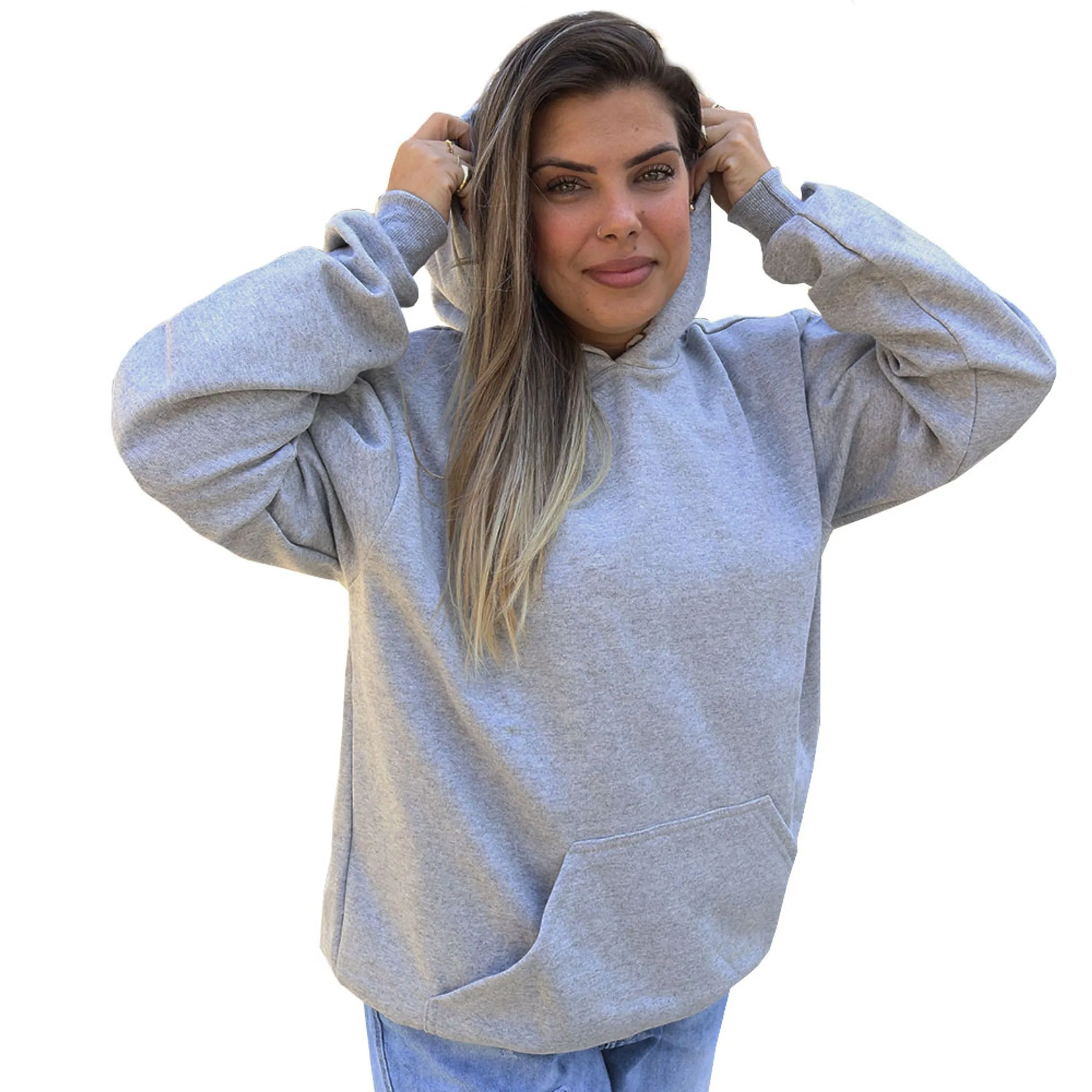 Moletom Canguru Flanelado Unissex Quente Inverno Confortável Casaco Blusa Frio Cinza