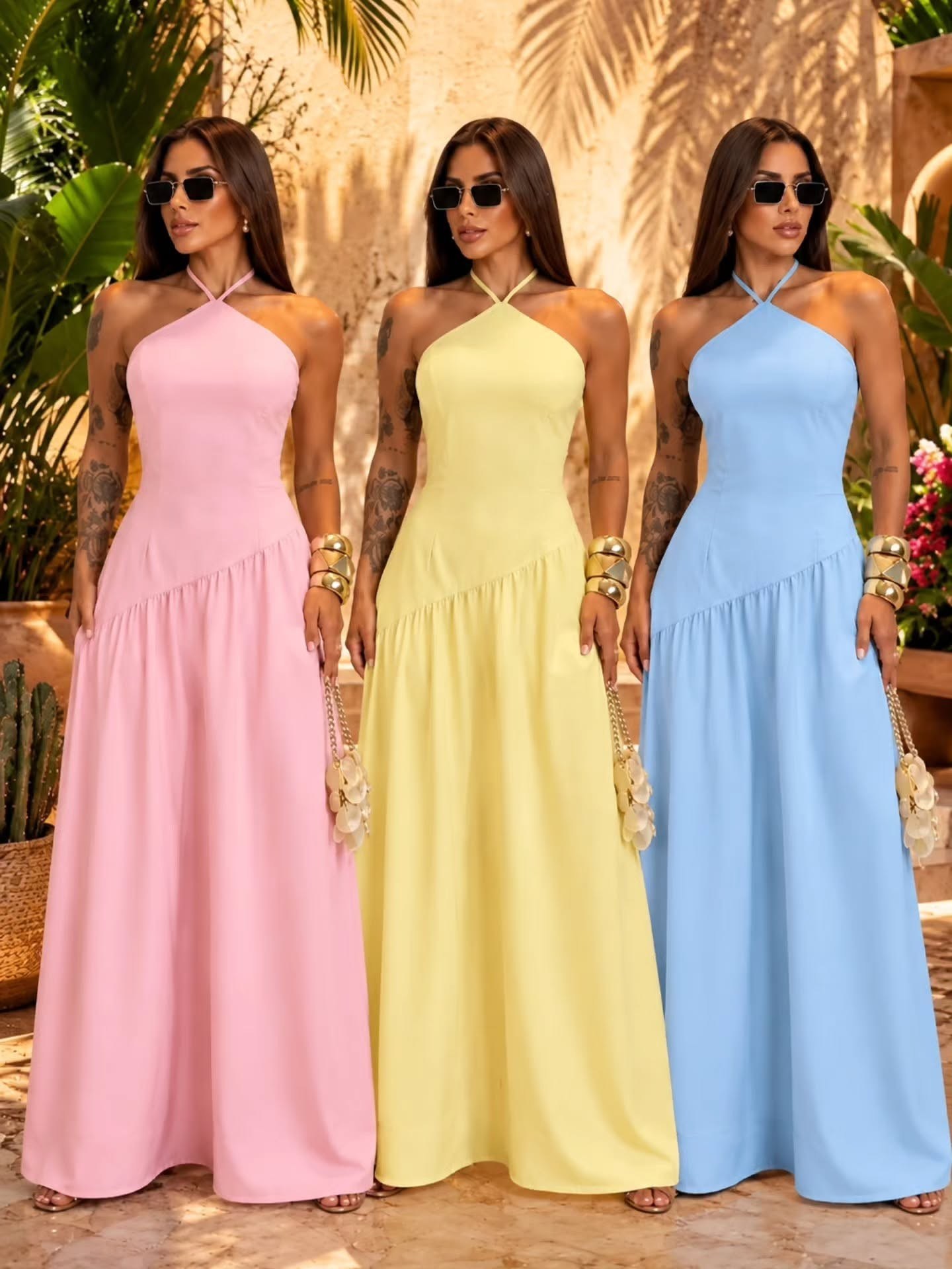 Vestido longo amarração no pescoço e elástico nas costas