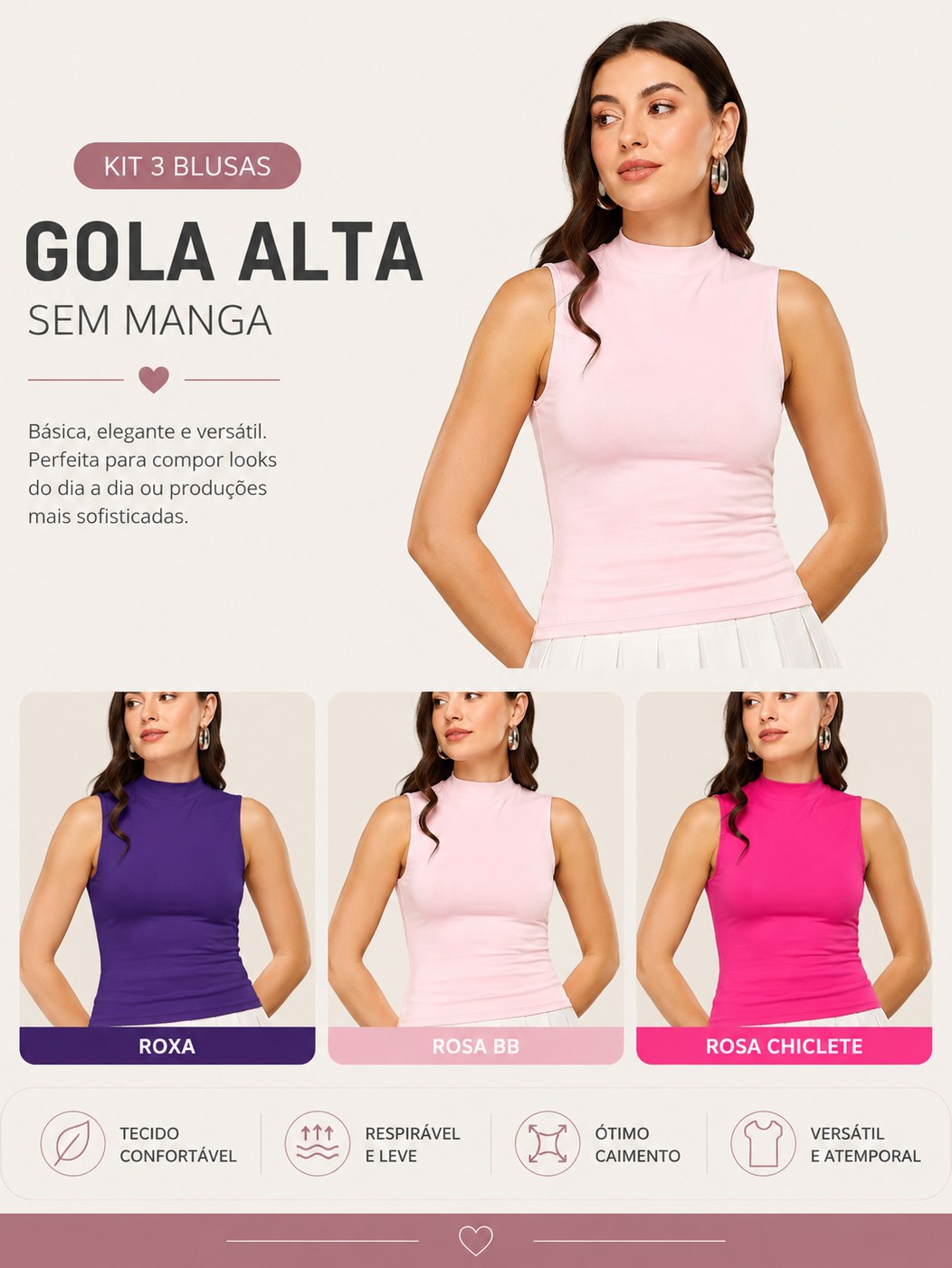 Kit 3 regatas gola alta