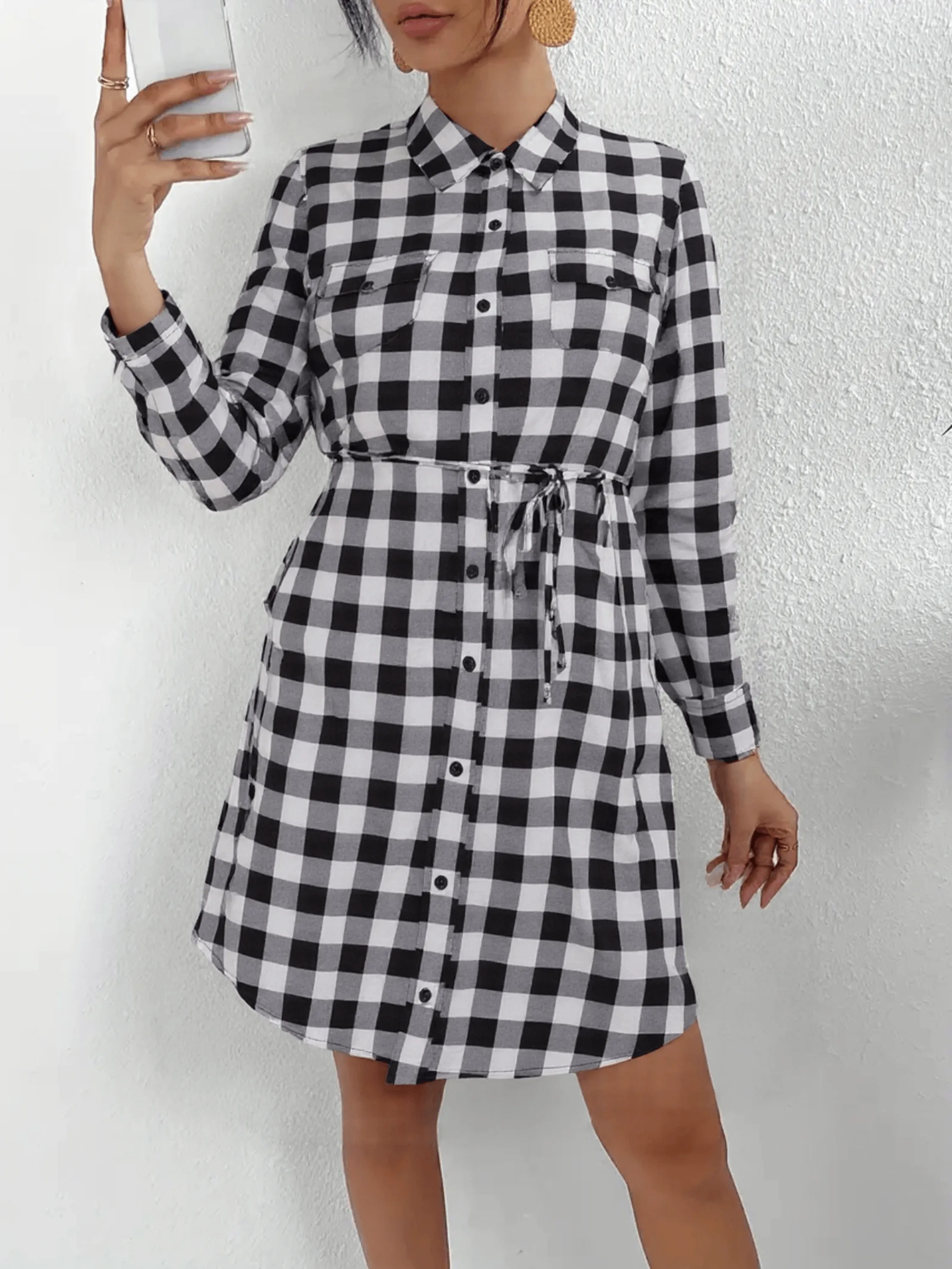 Chemise Xadrez Curto Botões Cinto Moda Outono Inverno C2205