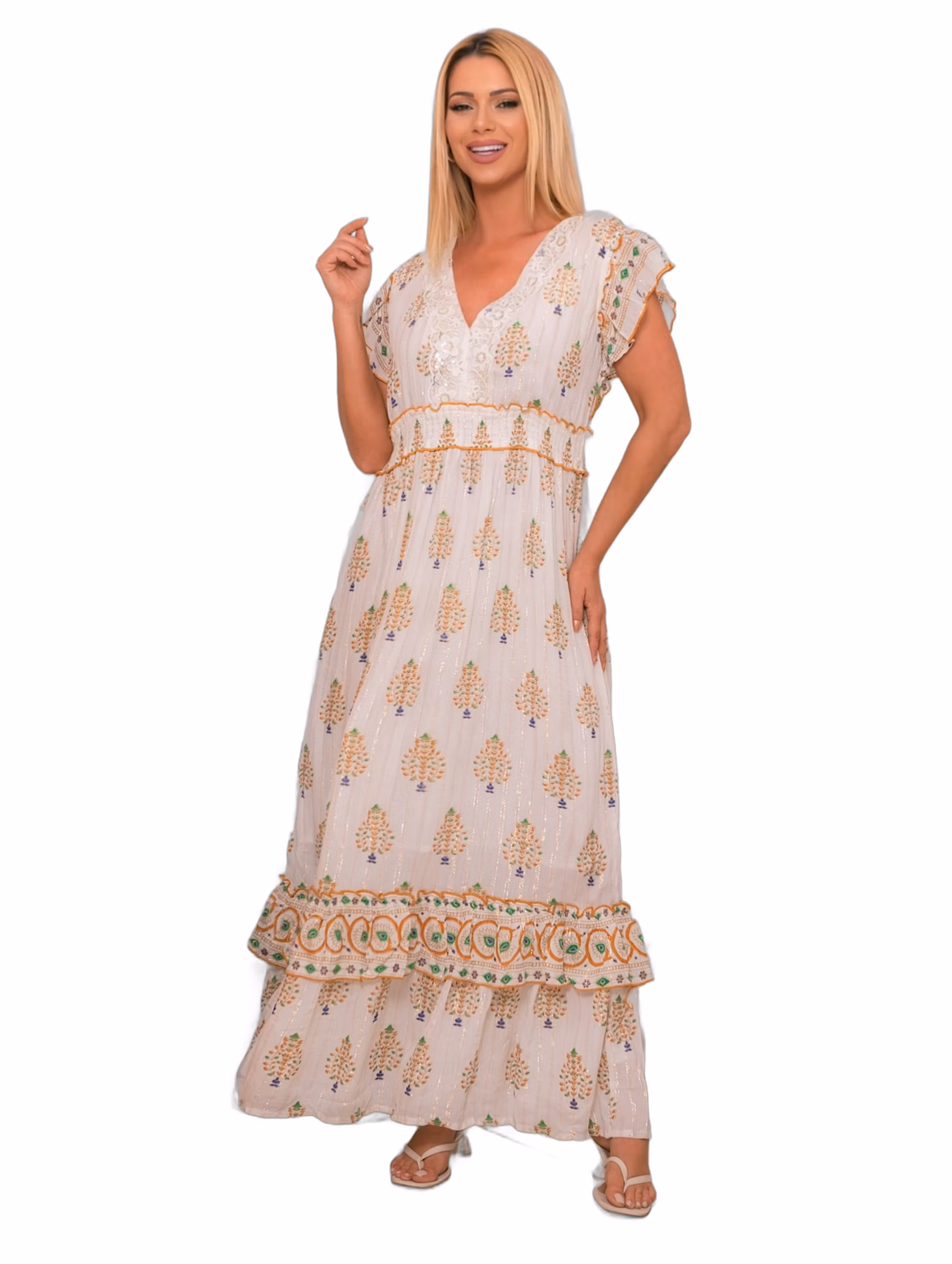 Vestido Longo Indiano Lurex Estampado Boho