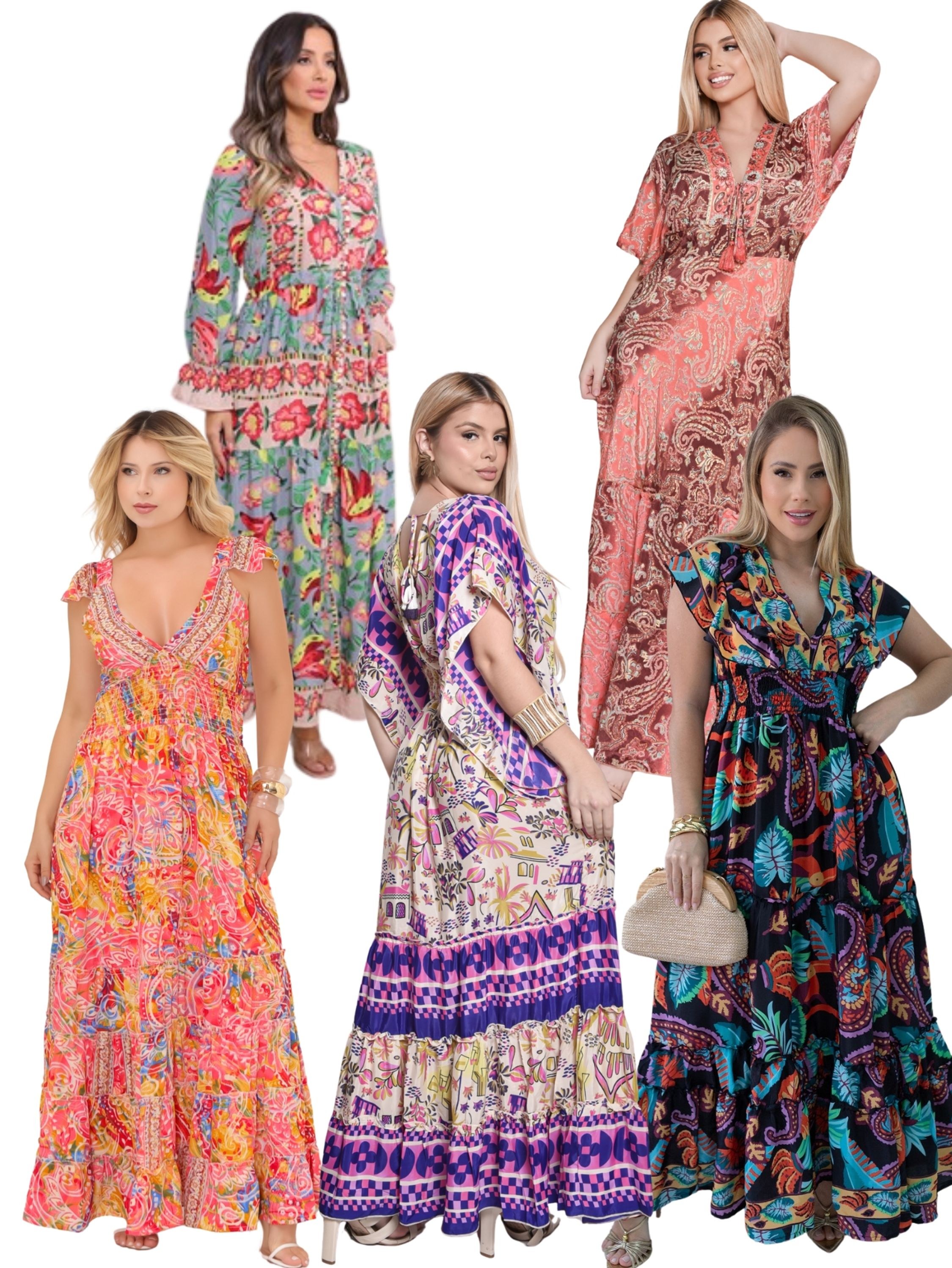 Kit 5 Vestidos Longos de Seda Indiana Modelos Variados