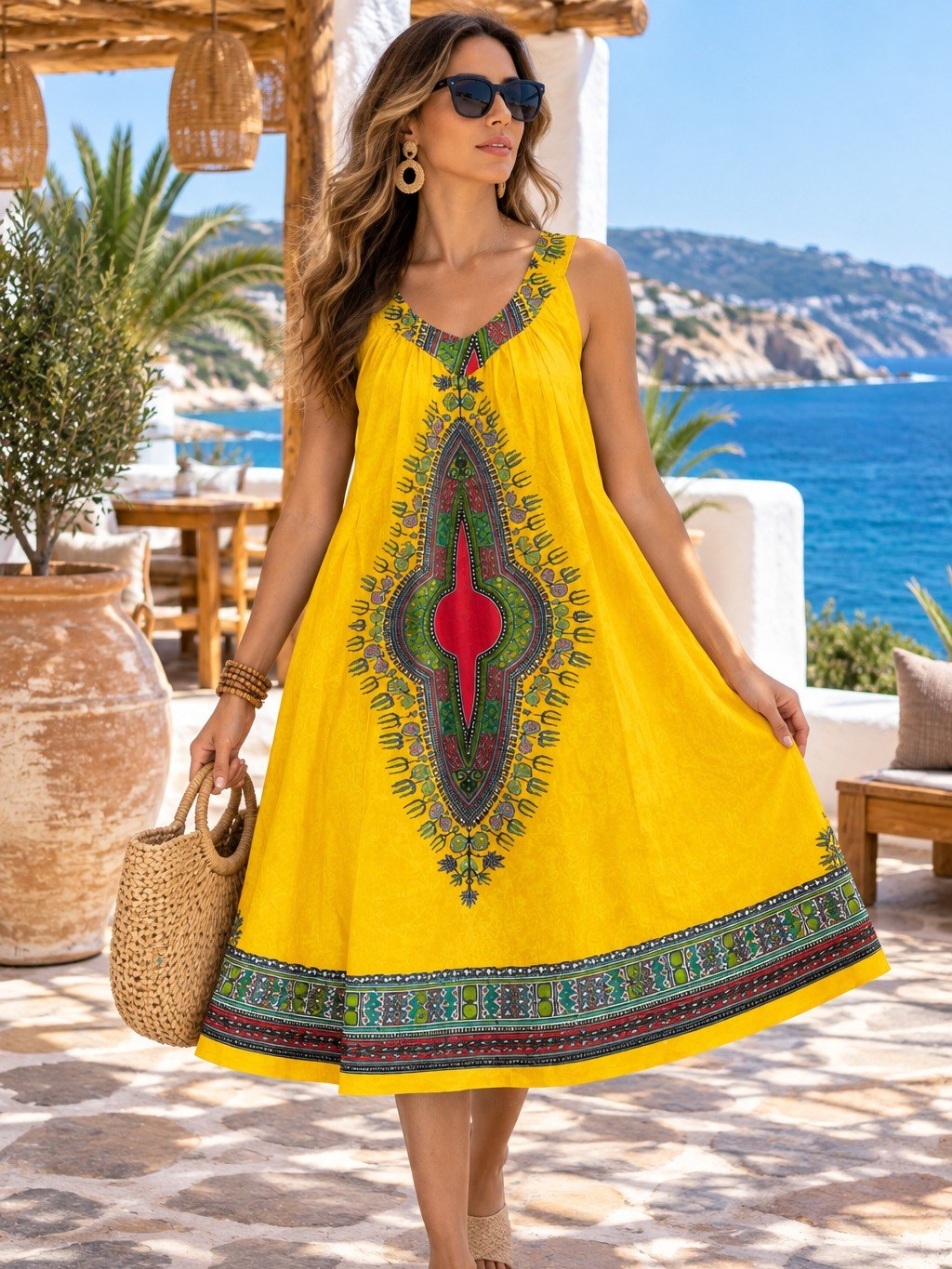 Vestido Trapézio Curto Espírito Africano Saida De Praia