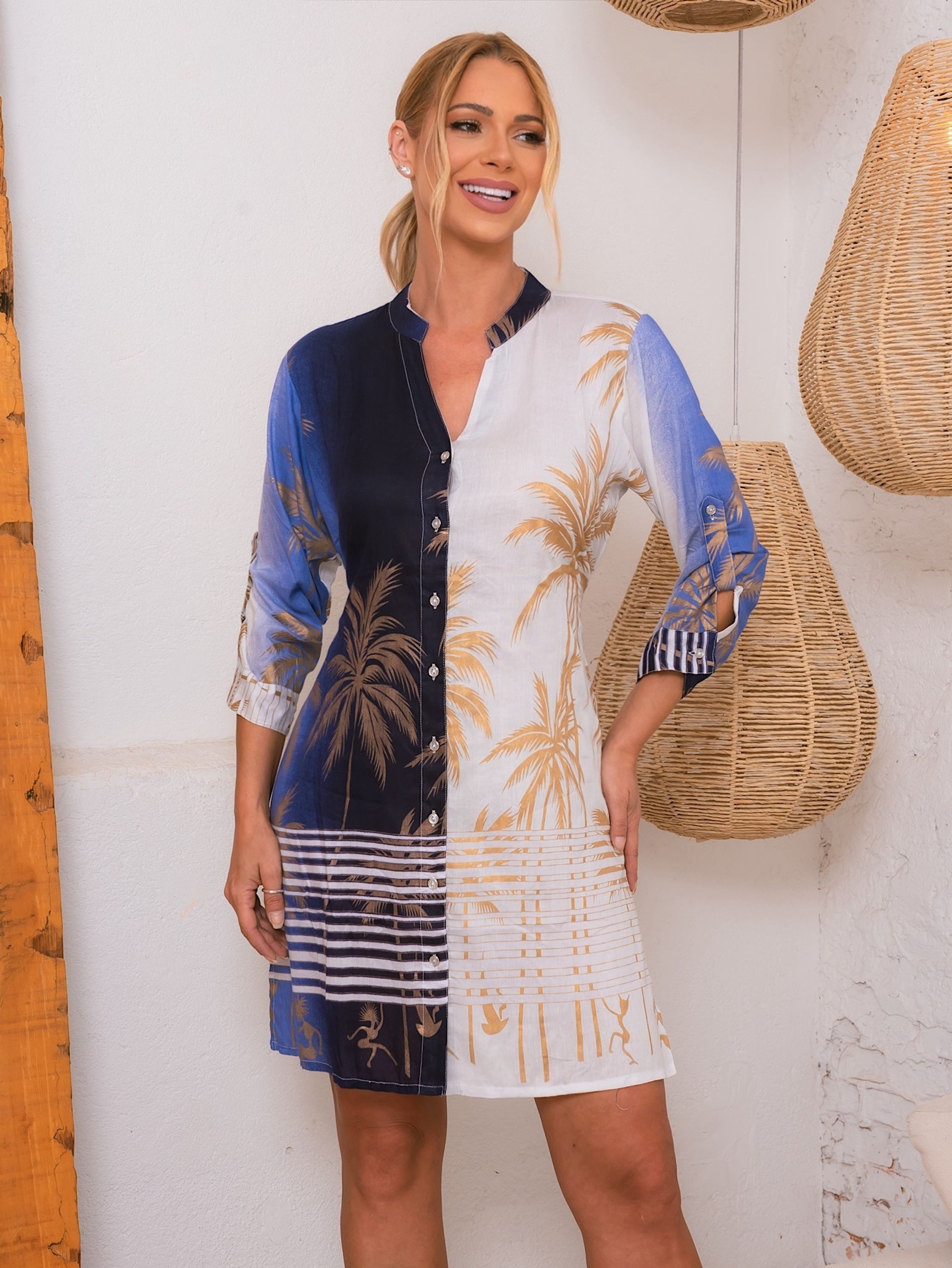 Saída De Praia Elegante Vestido Curto Chemise Manga Curta