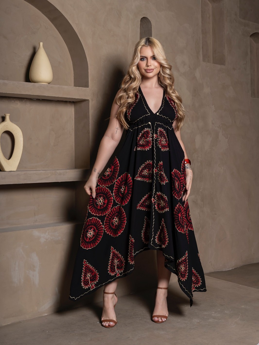 Vestido Indiano Longo Batik Ponta Lastex Bordado