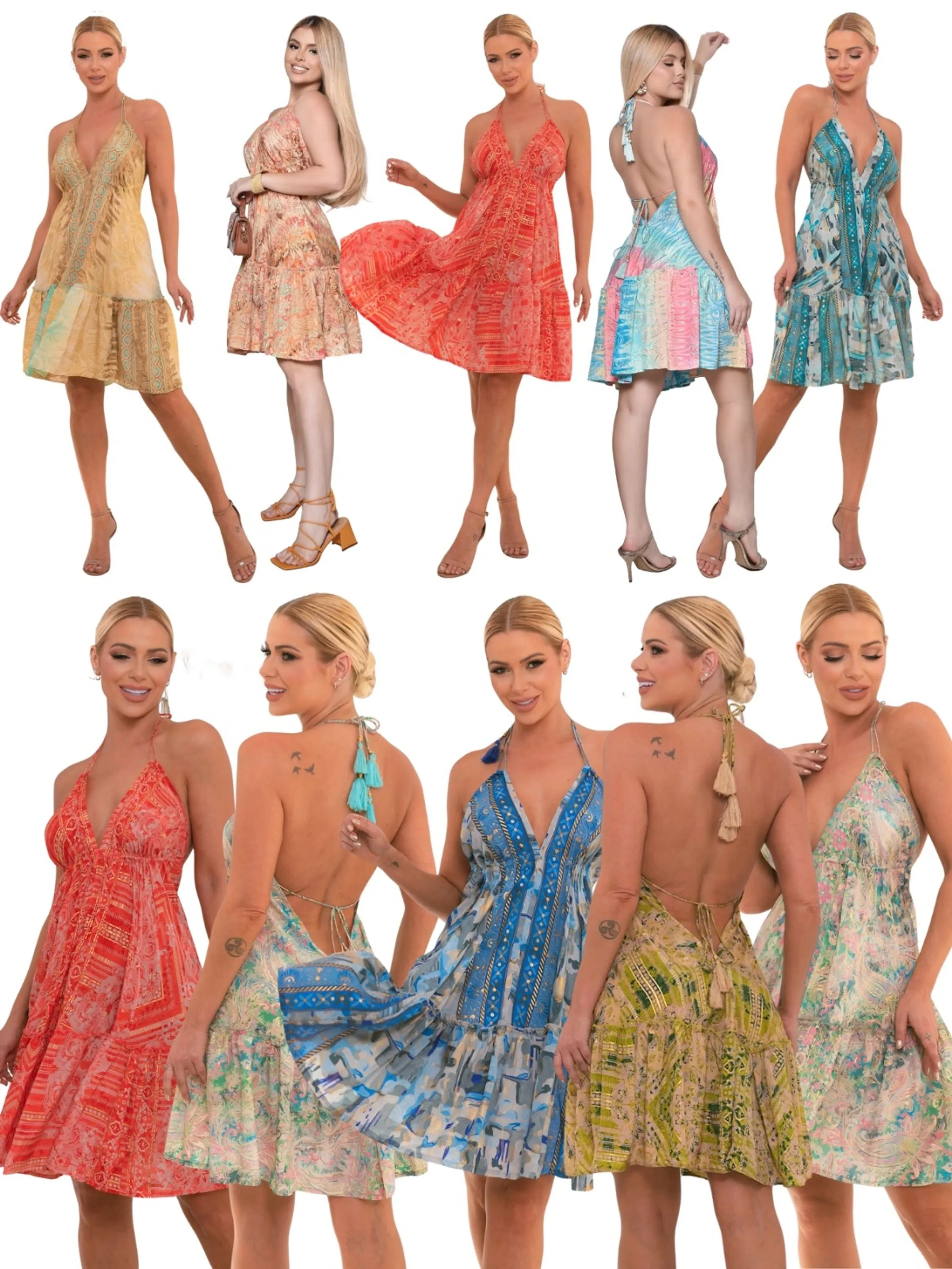 Kit 10 Vestidos Curto Costa Nua em Seda