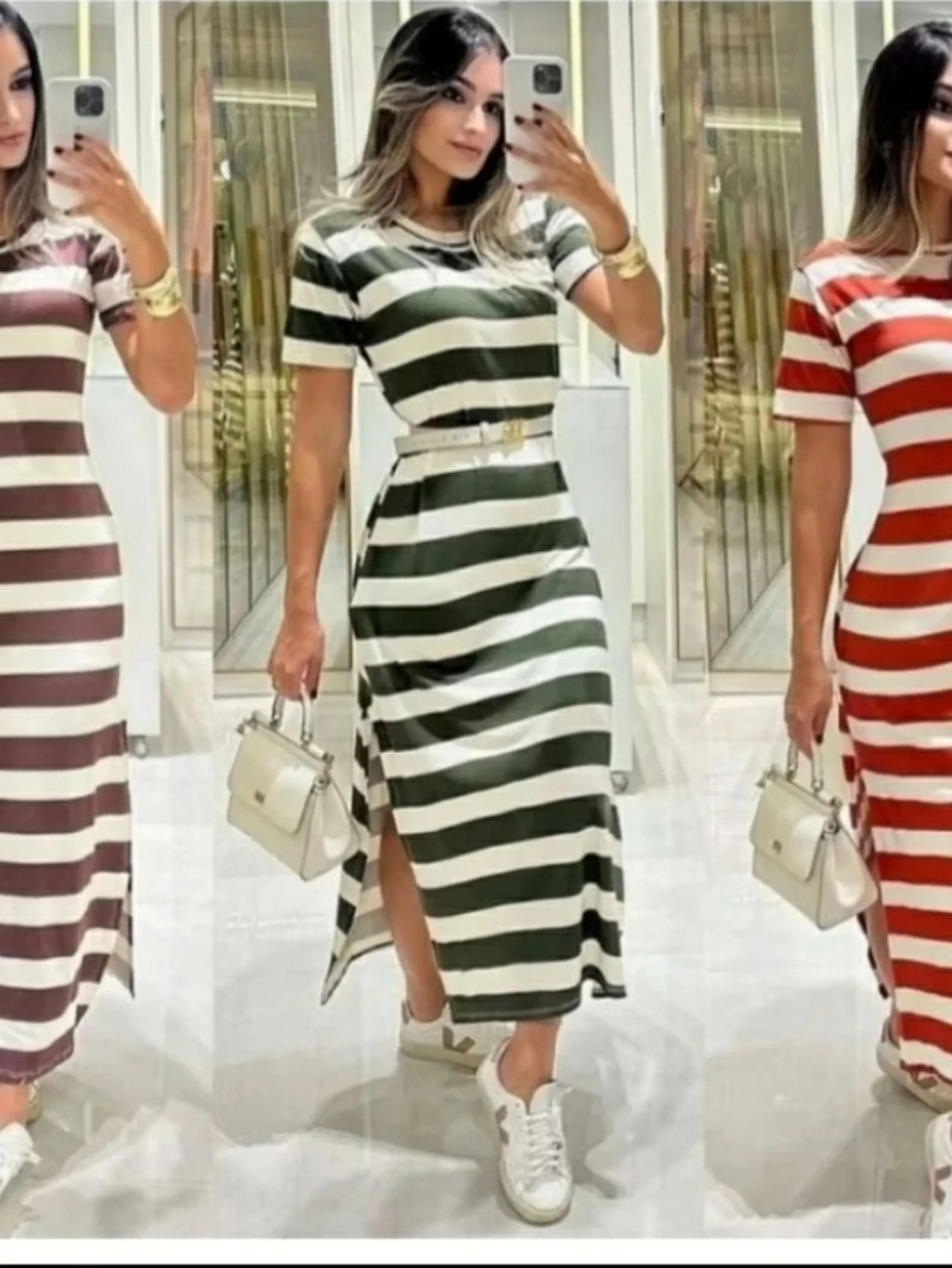 Vestido longo listrado com bolso lateral