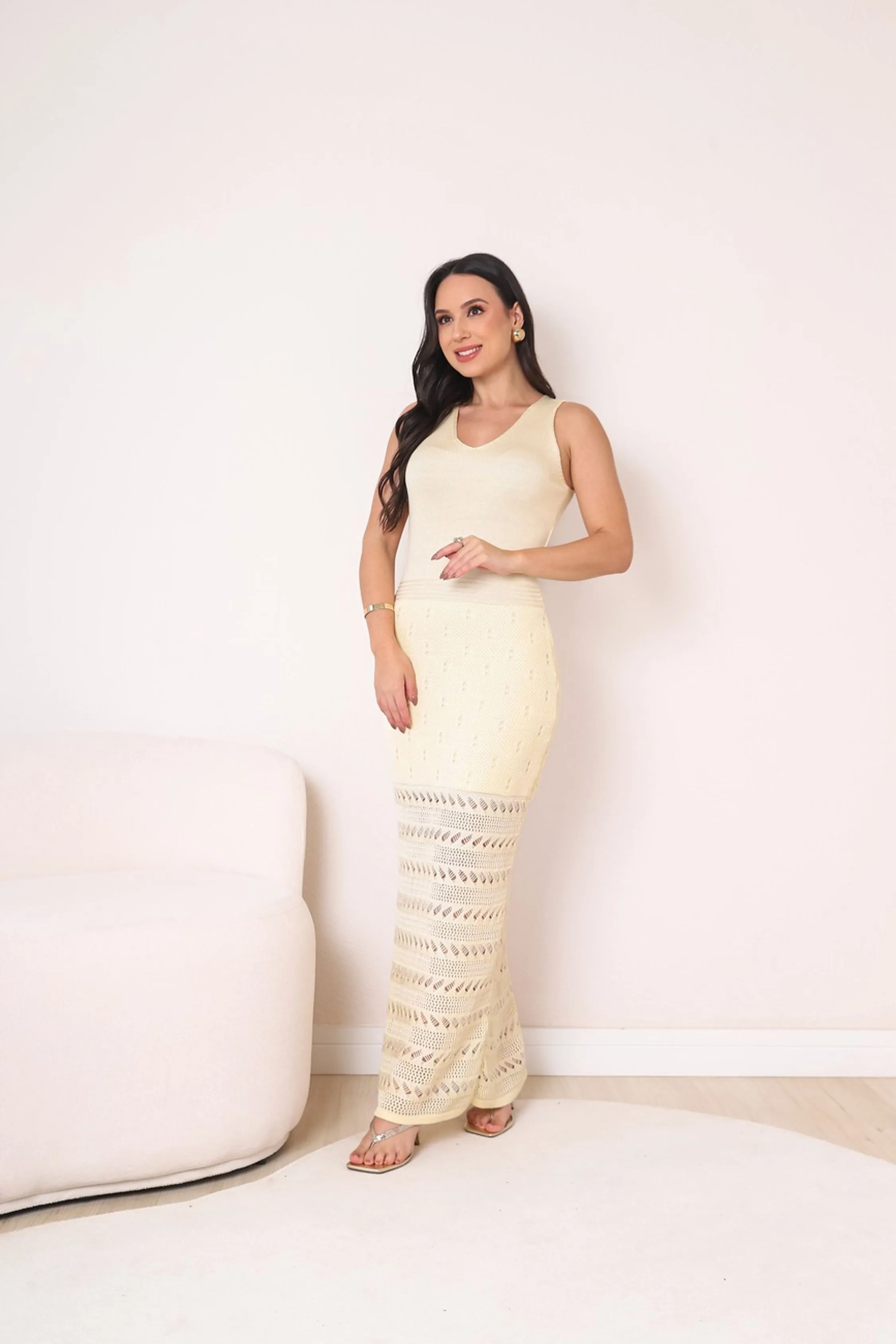 Vestido Longo Feminino Tricô com Forro Verão Elegante