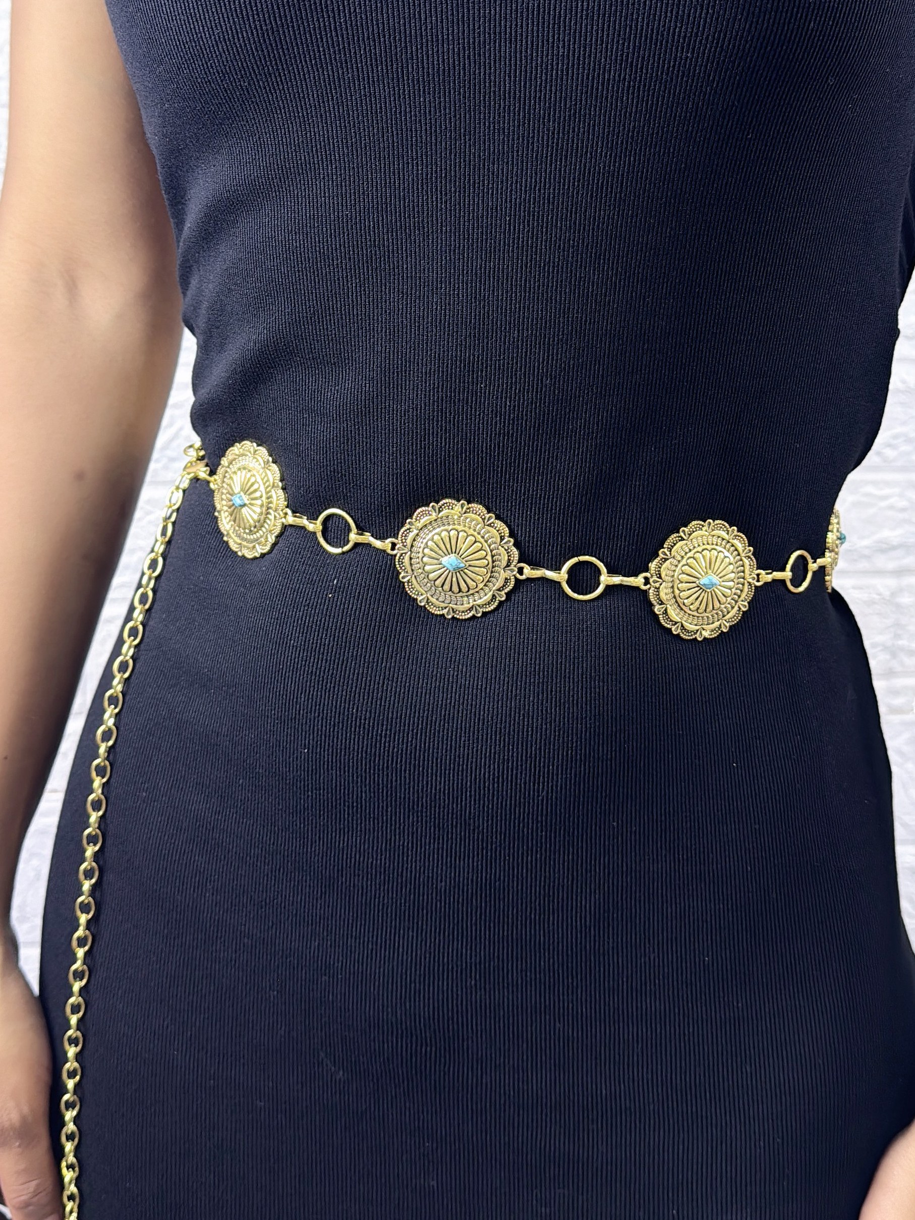 Cinto de Corrente Feminino de Metal com pedra Azul Turqueza