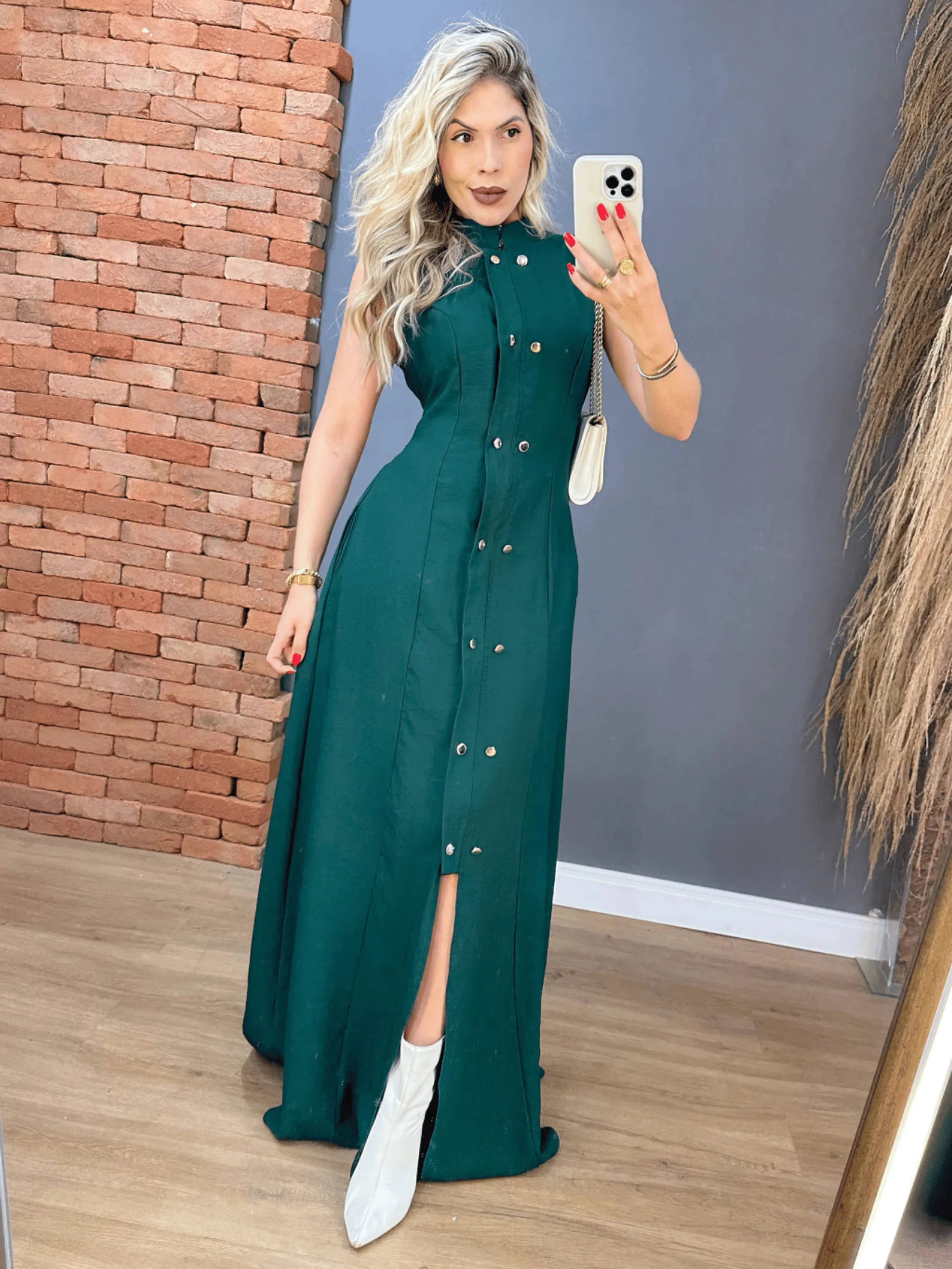 Vestido Longo Regata Todo Em Botões Alfaiataria