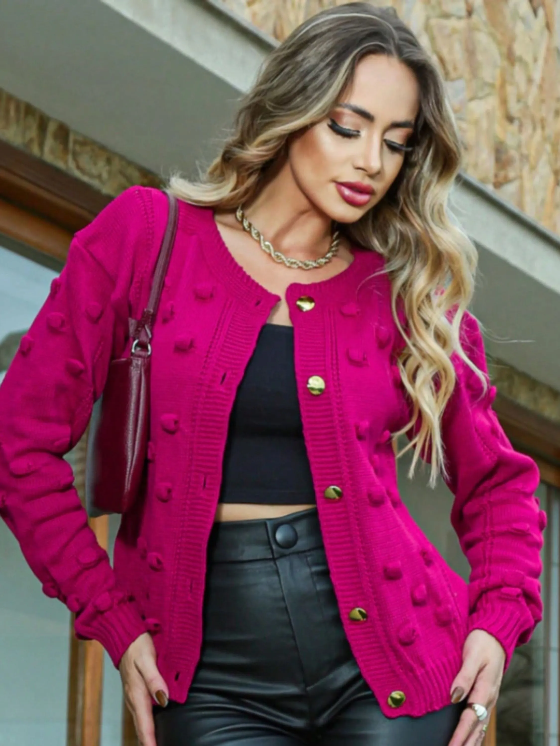 Casaco Feminino Pom pom Tricot Botões
