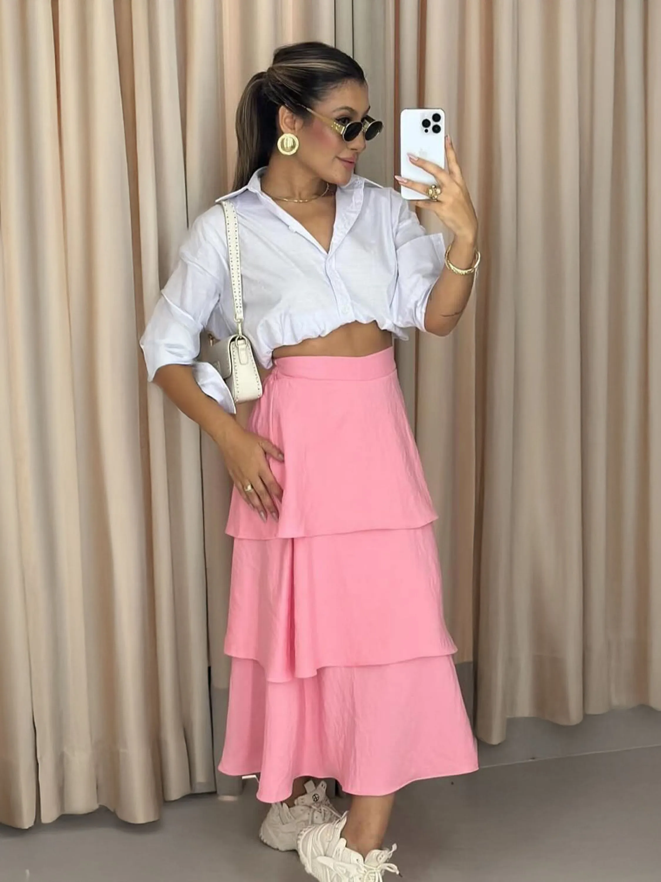 Saia midi feminina babado em camadas marrant
