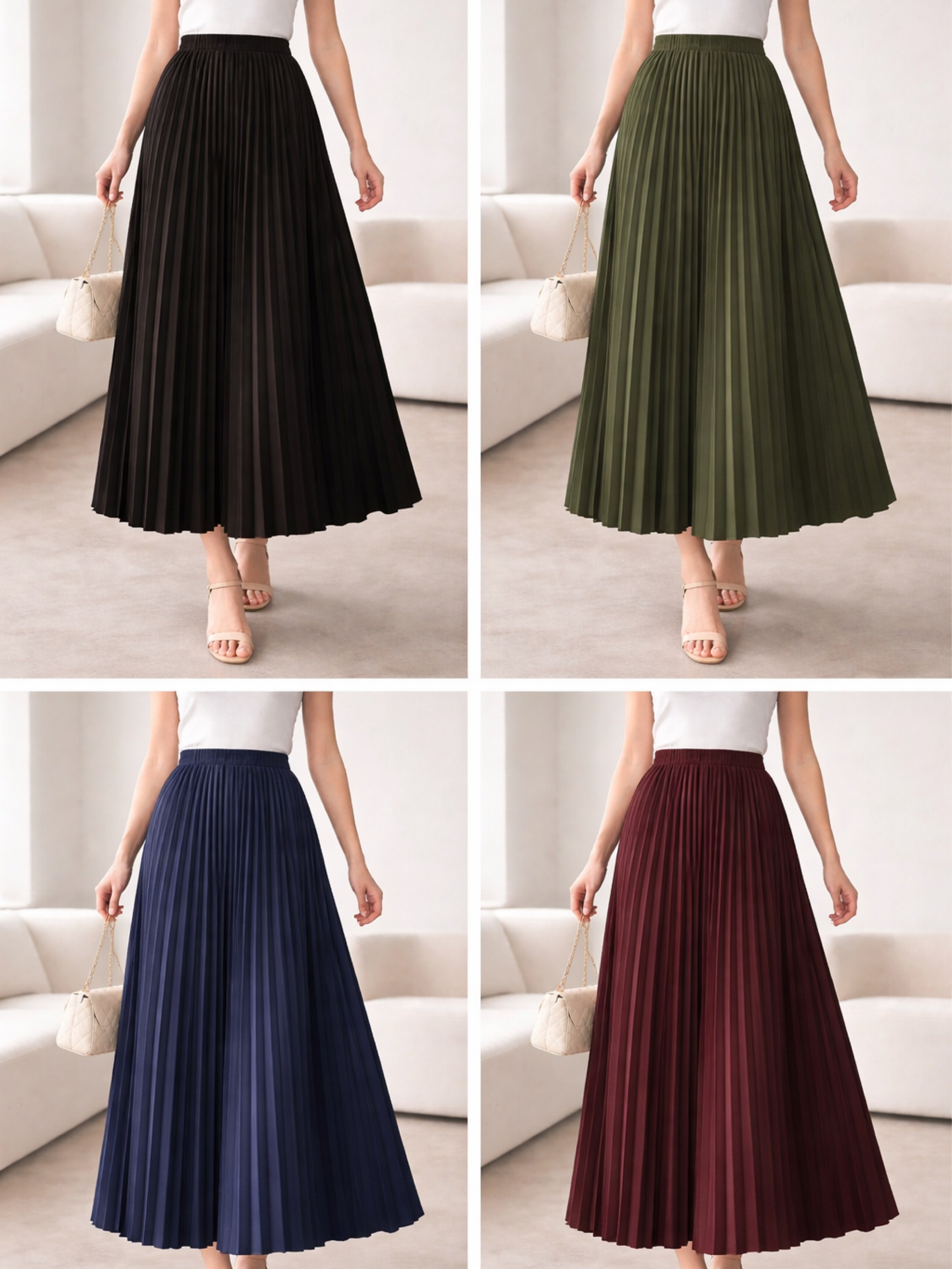 Saia Plisada Mídi feminina Cintura Alta E Elástico