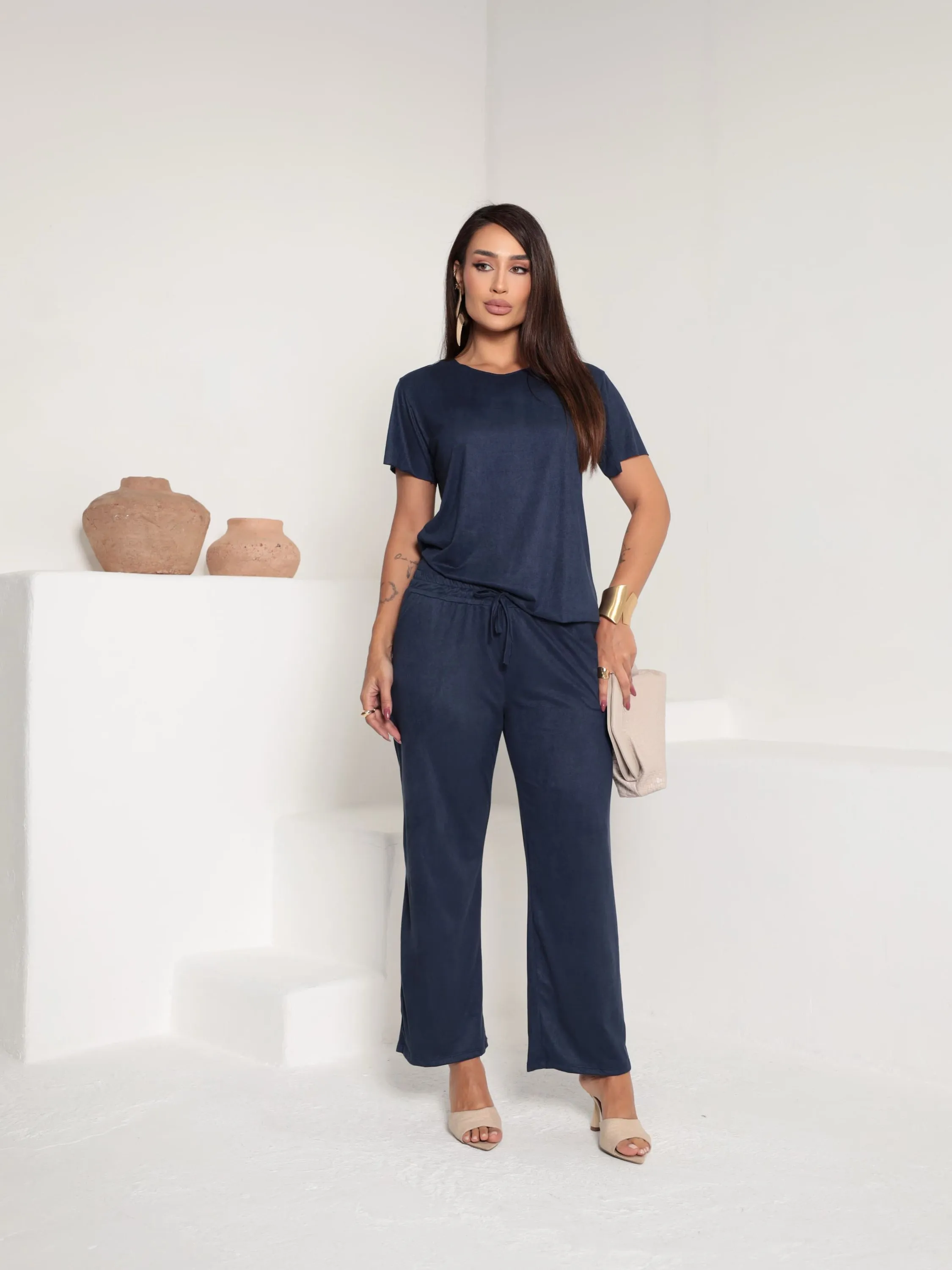 Conjunto Feminino  de Calça Pantalona  Suede