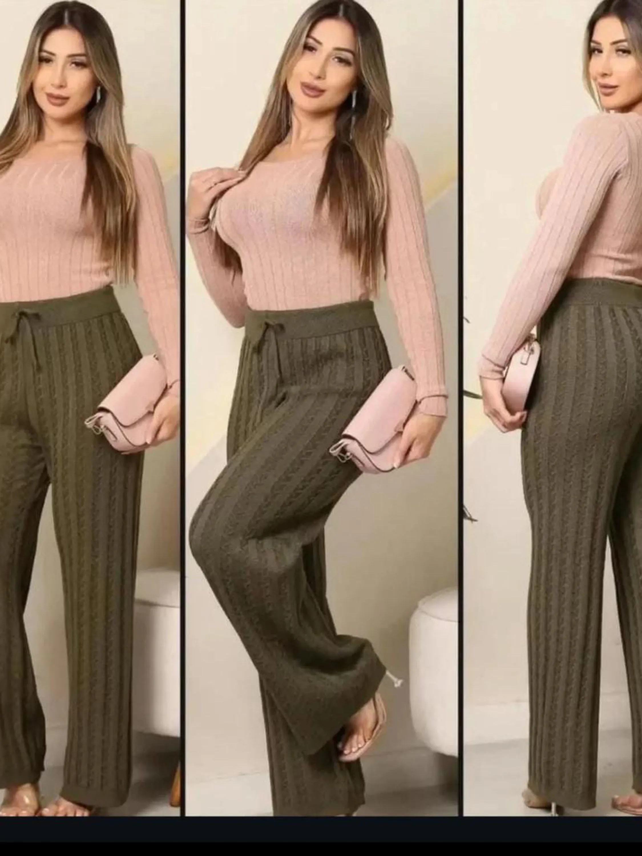 Calça Feminina Tricot Canelado com Cós Alto e Amarração