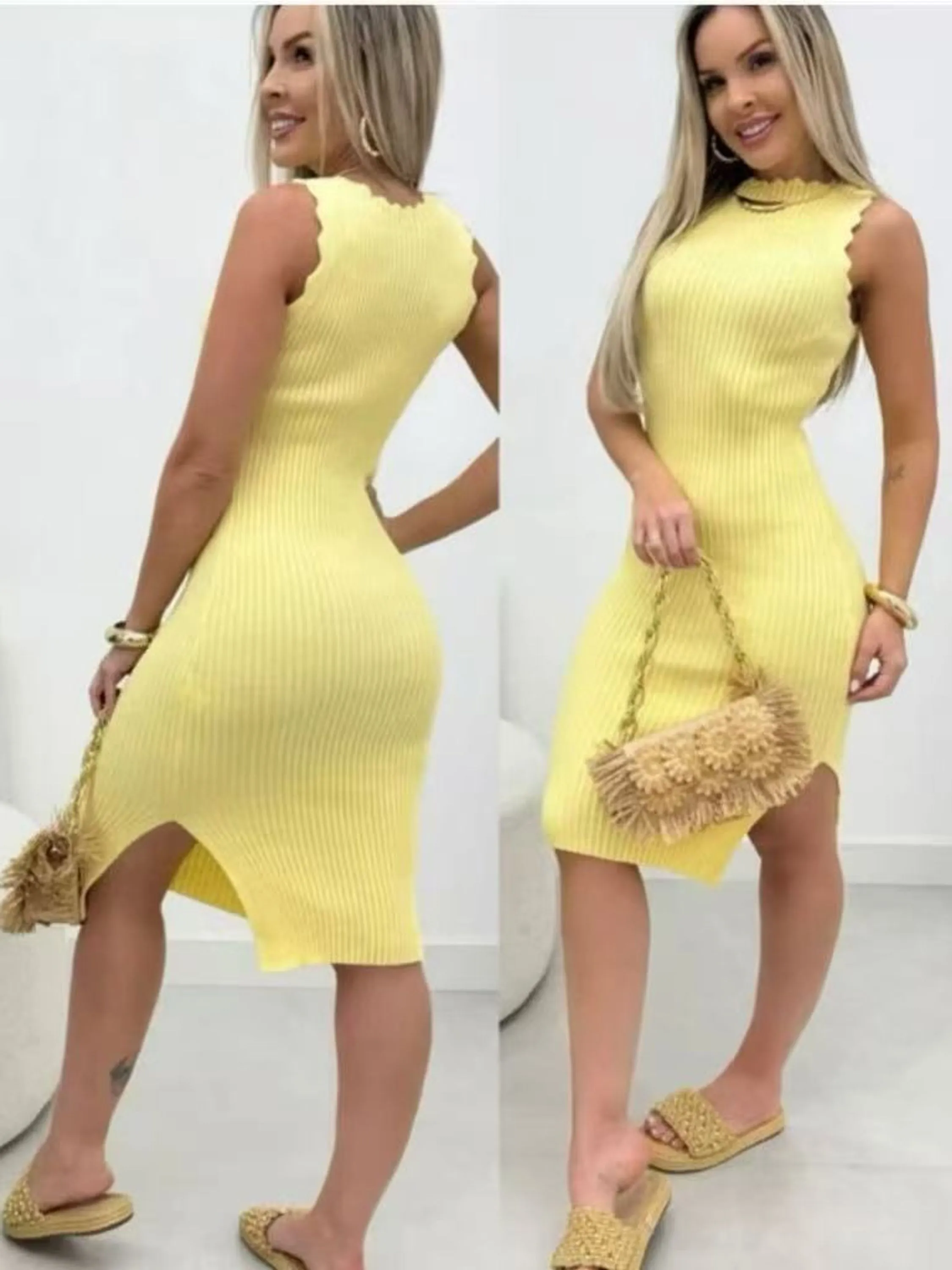 Vestido Midi Canelado Modal Feminino Sem Mangas com Fenda