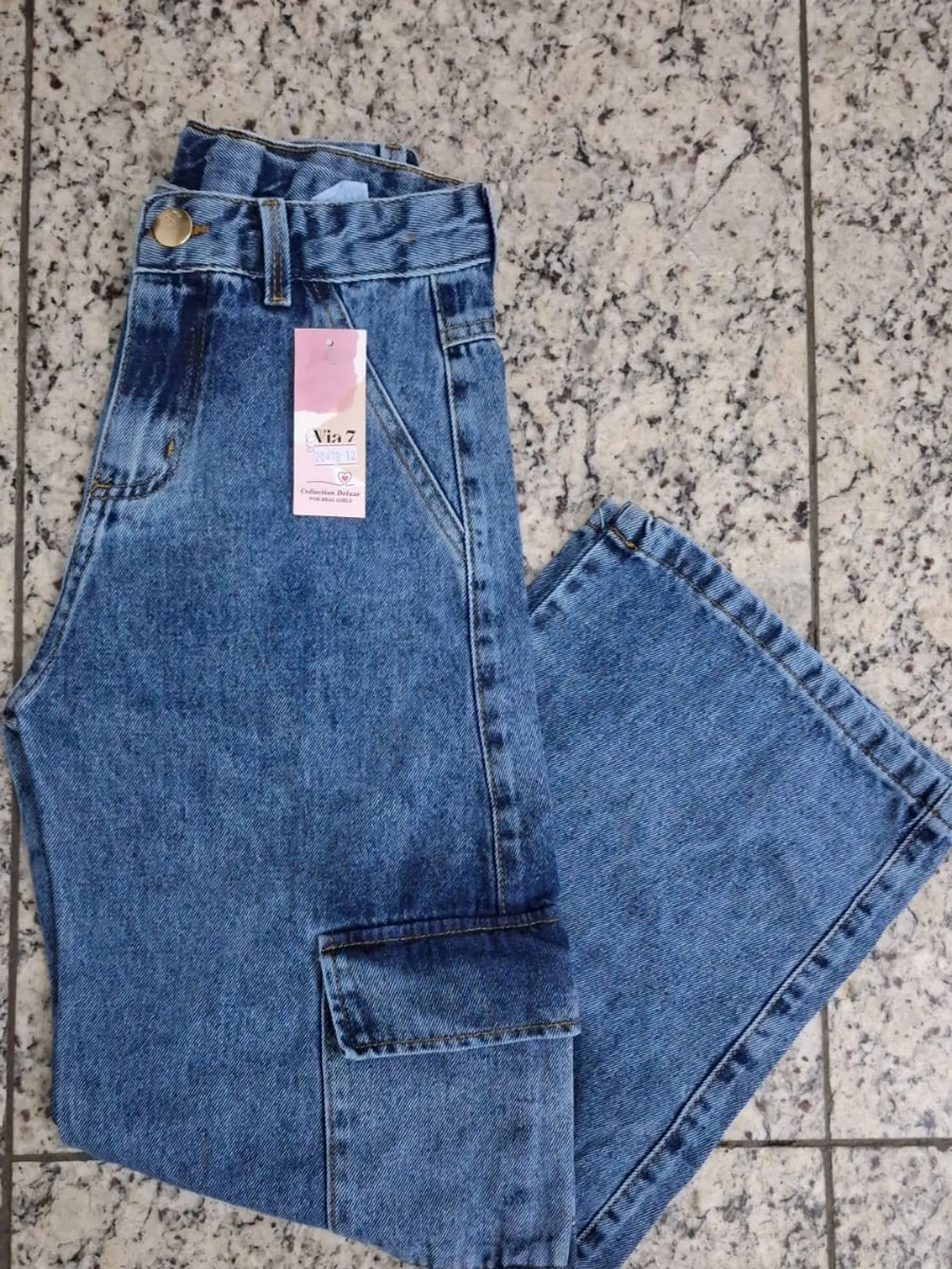 Calça wide leg cargo jeans fem juvenil 10/12/14/16