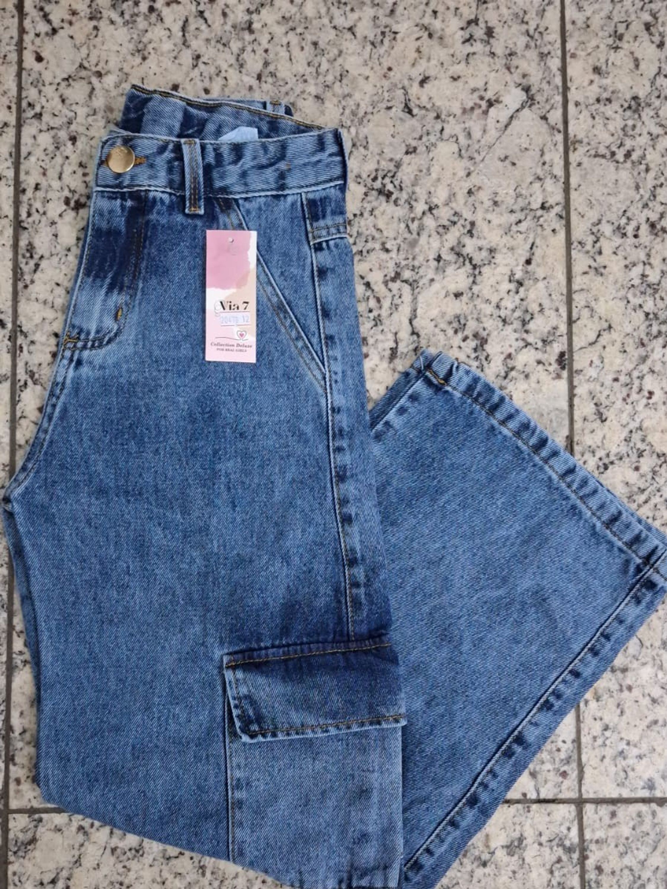 Calça wide leg cargo jeans fem juvenil 10/12/14/16