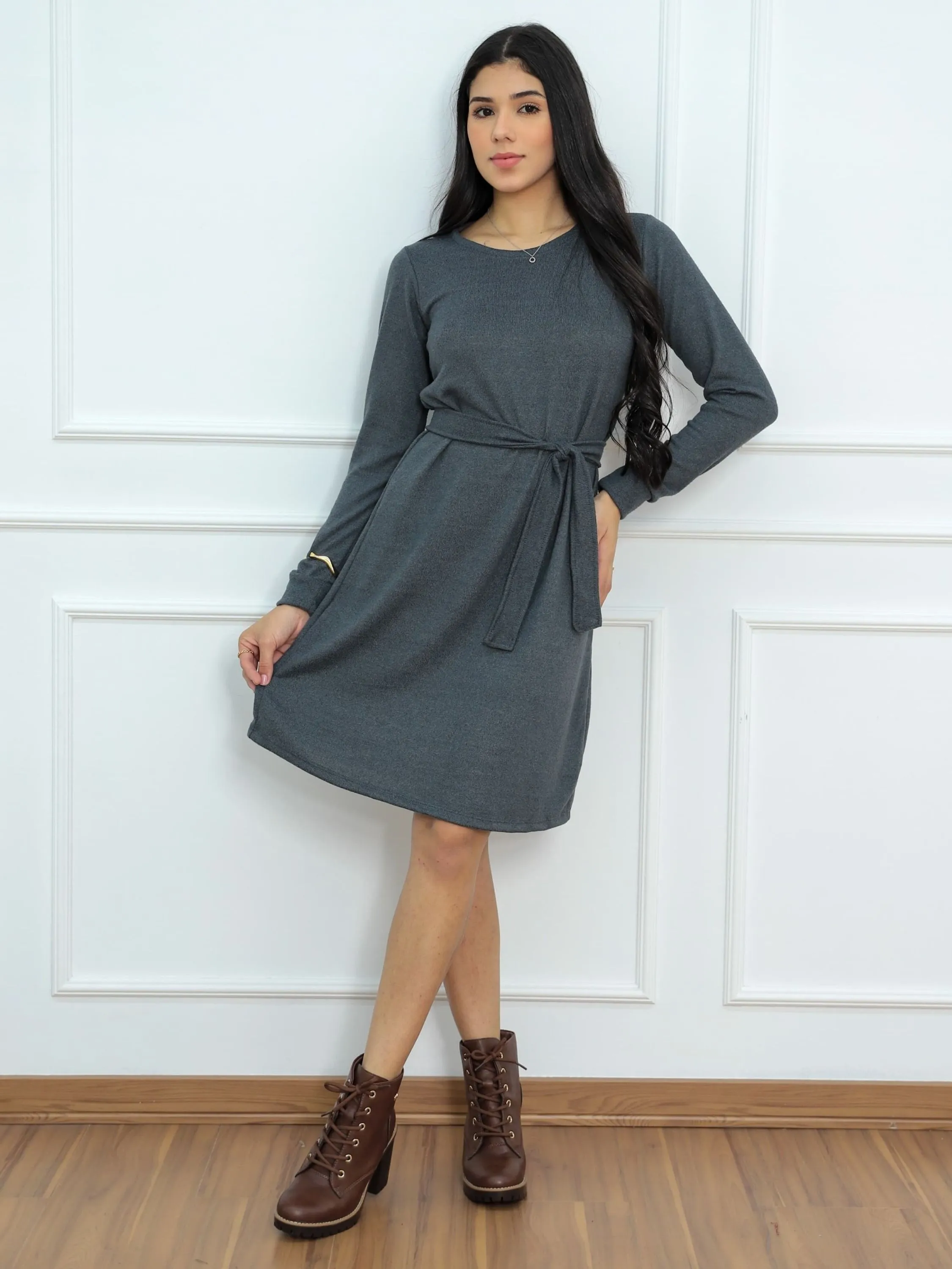 Vestido Poncho Lãnzinha Manga Longa Com Cinto