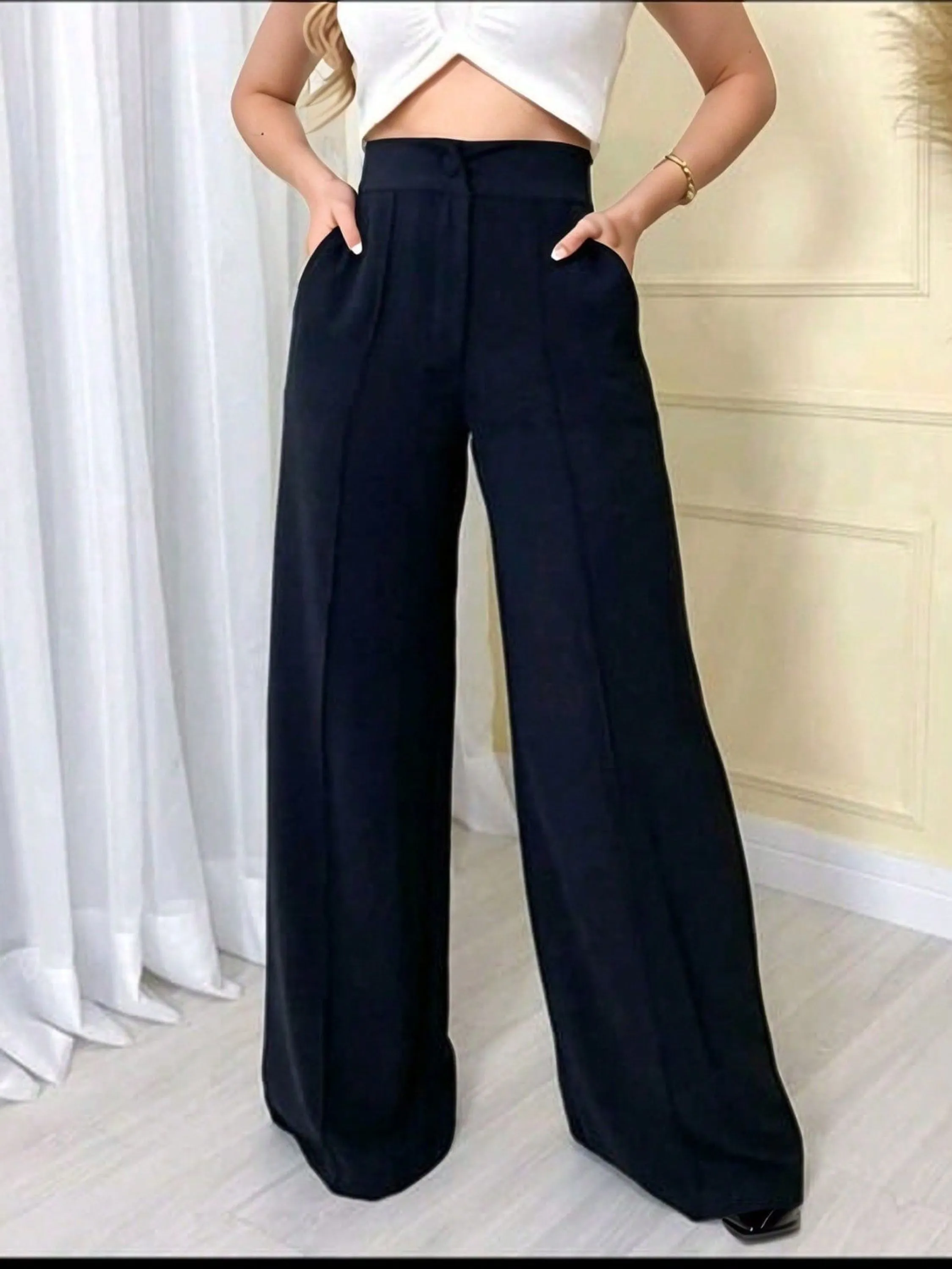 Calça Pantalona Feminina Com Zipere Botao Tecido Duna