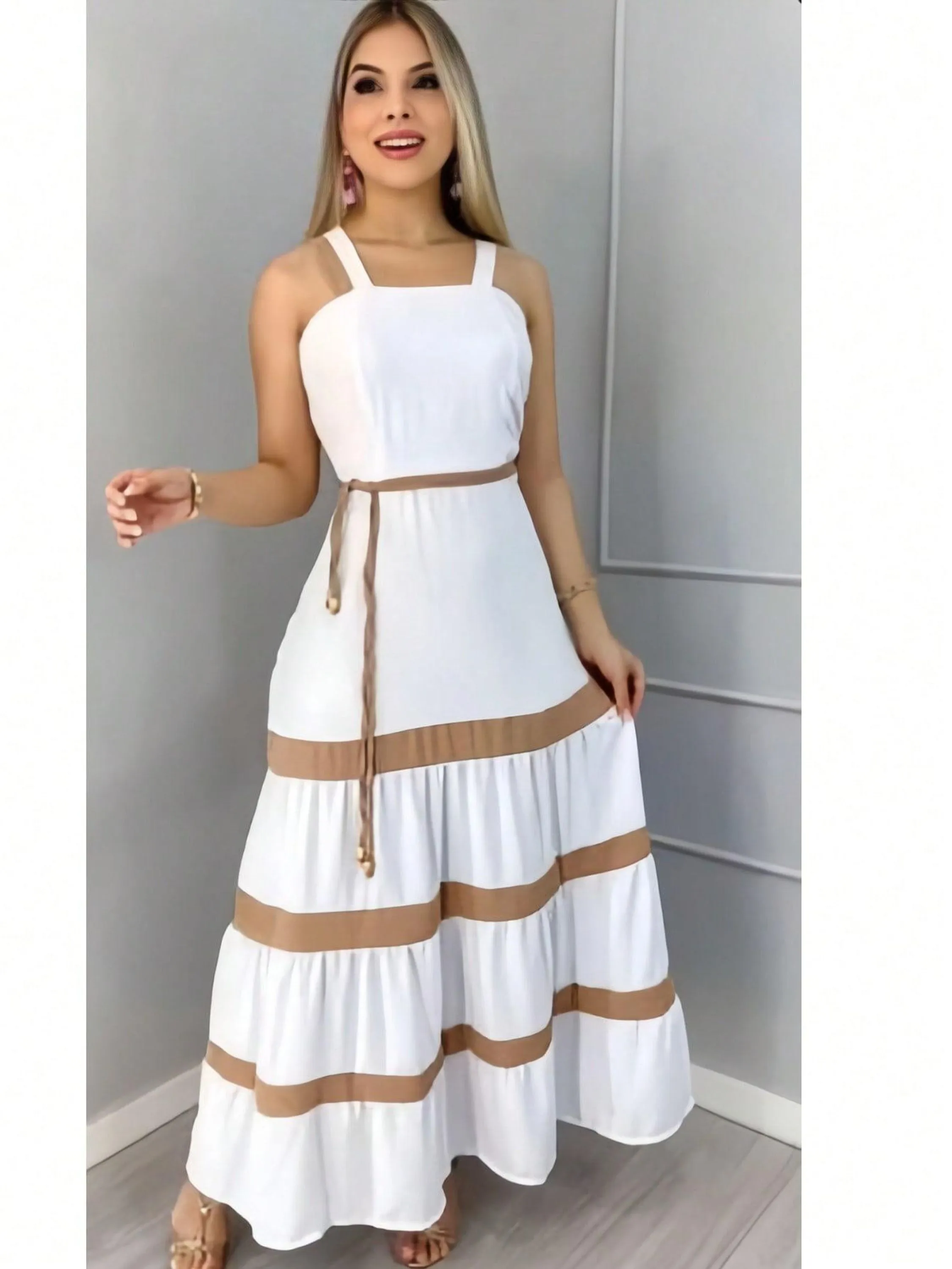 Vestido  Striped Longo Liso  Feminina