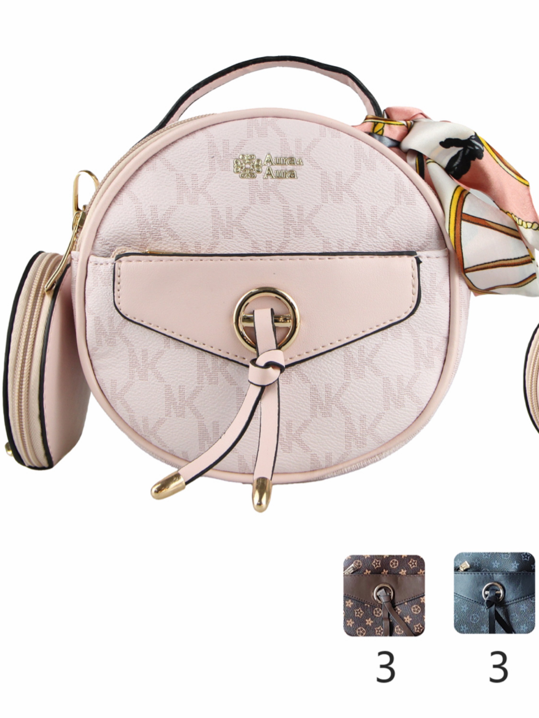 Bolsa feminina redonda com carteira e lenço.8369