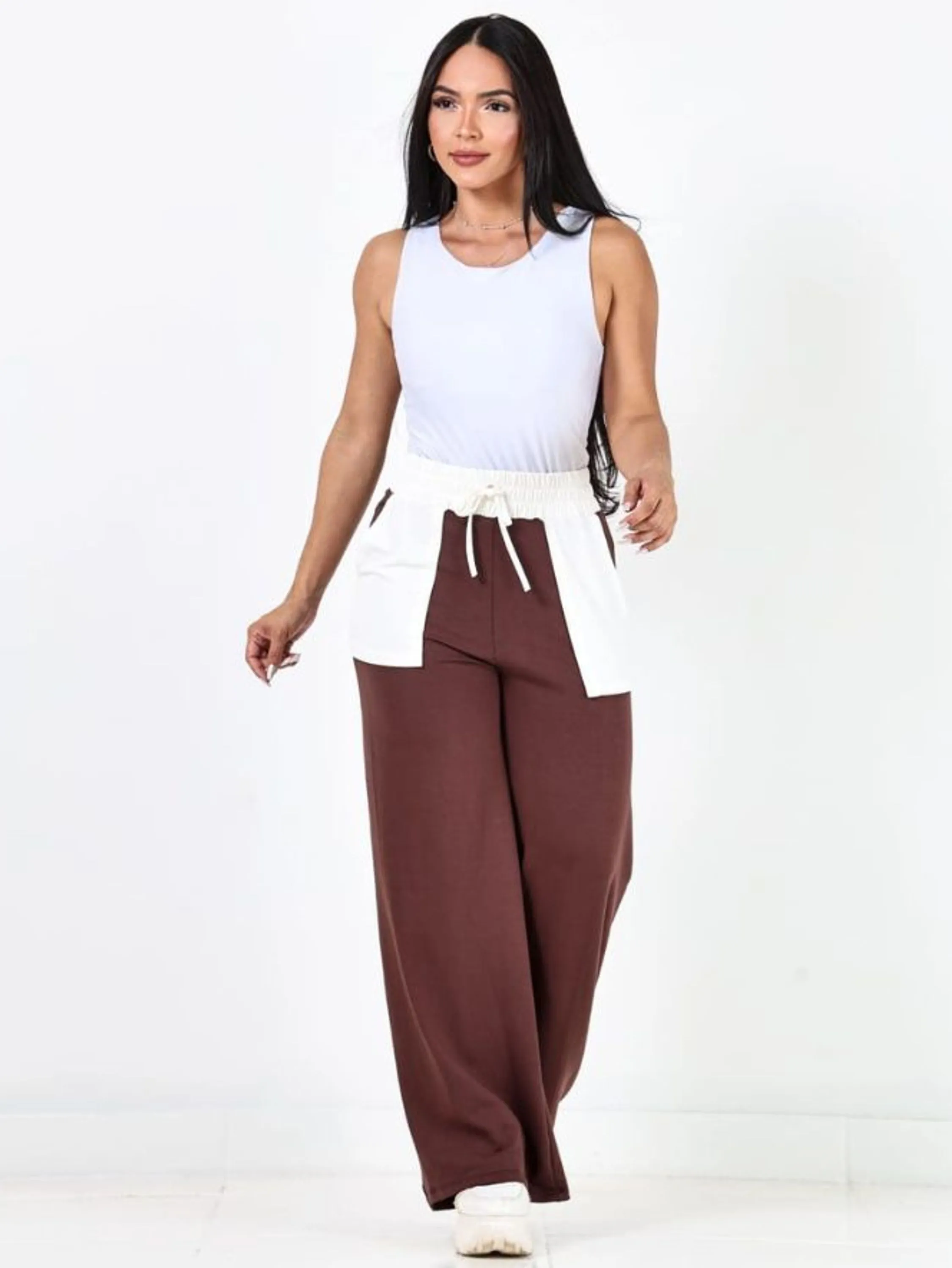 Calça feminina pantalona moletinho bicolor com bolso