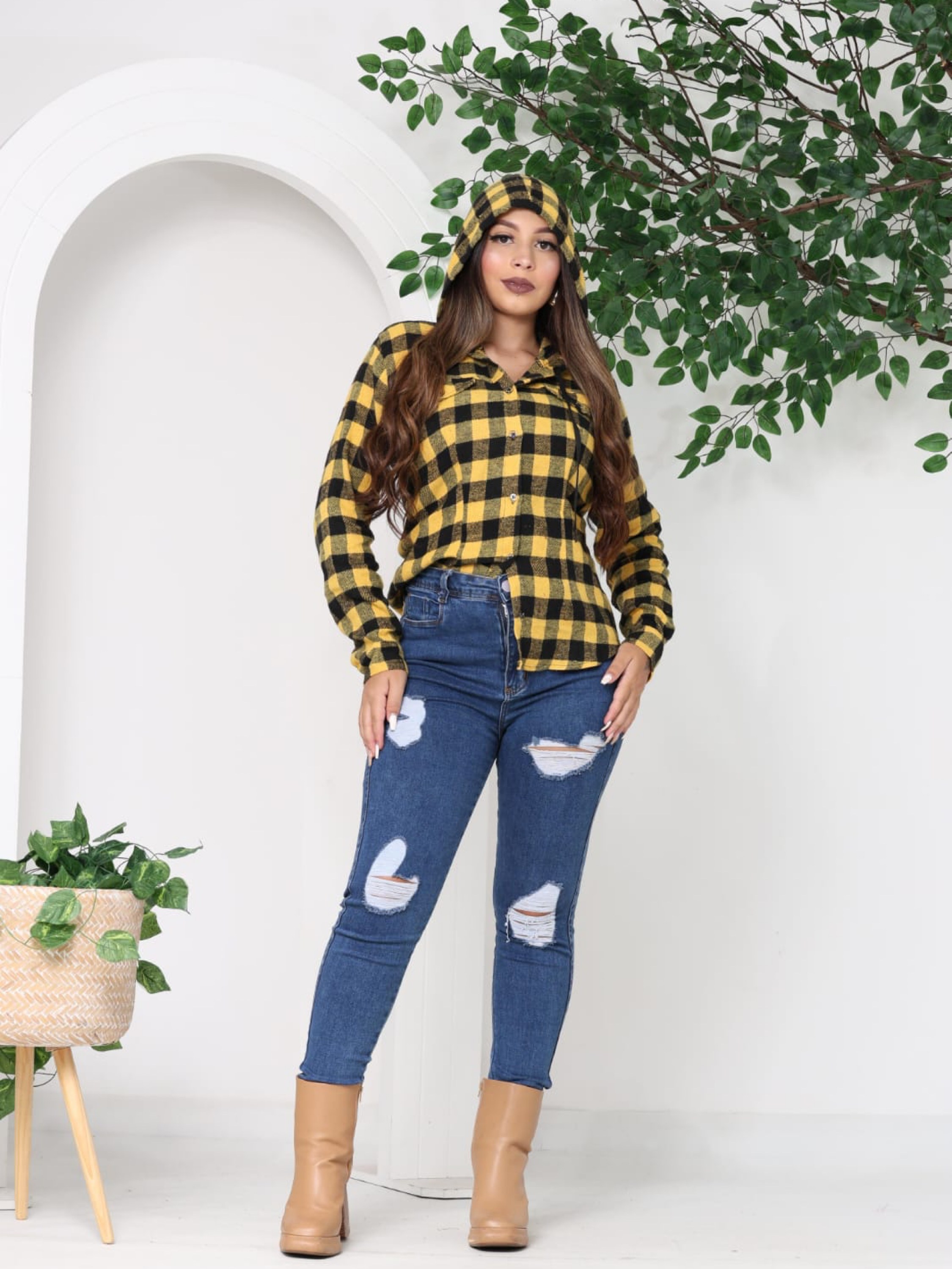 Camisa Feminina Flanelado Xadrez Manga Longa Capuz