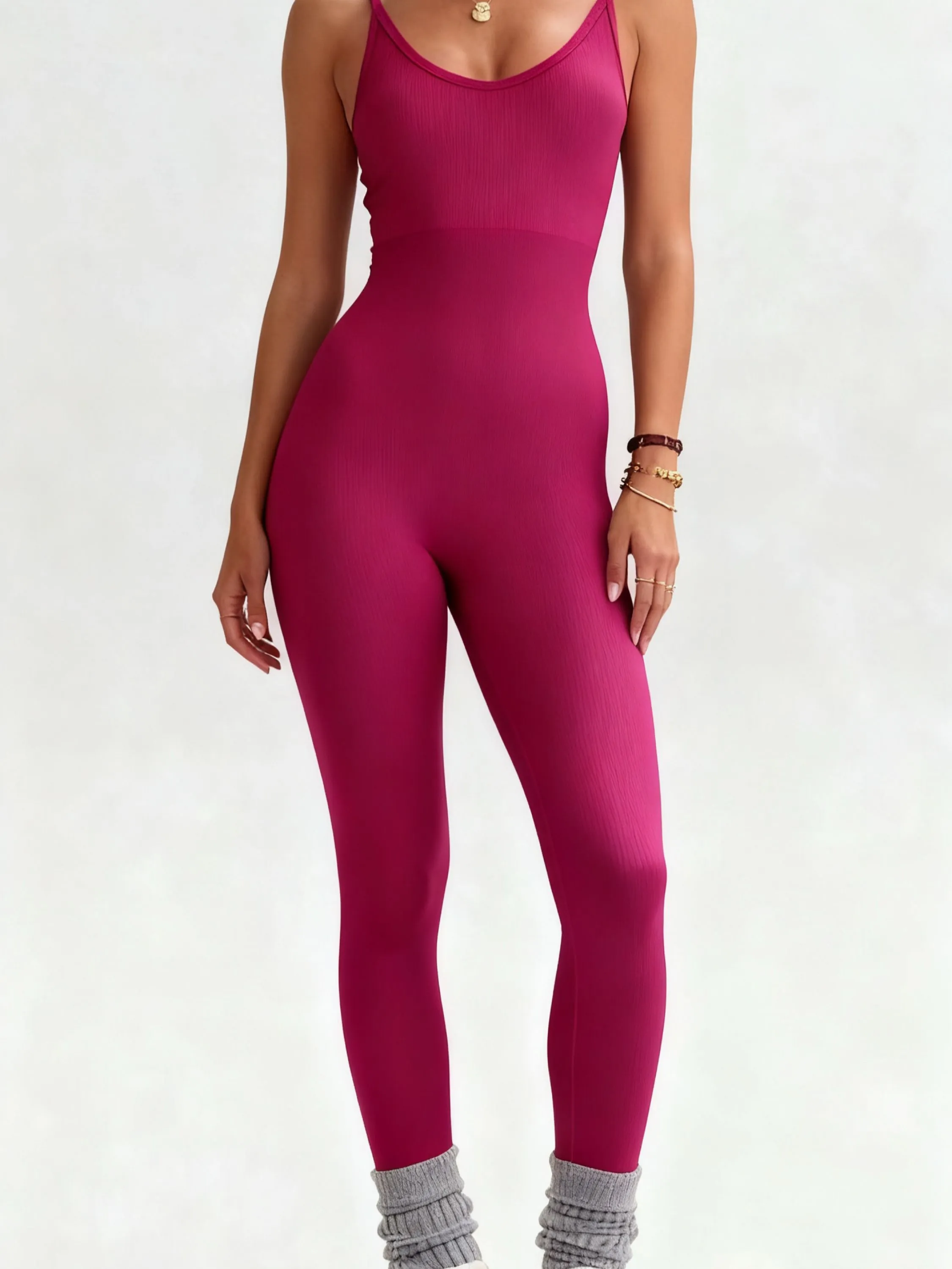 Macacão  fitness feminino  canelado cintura alta