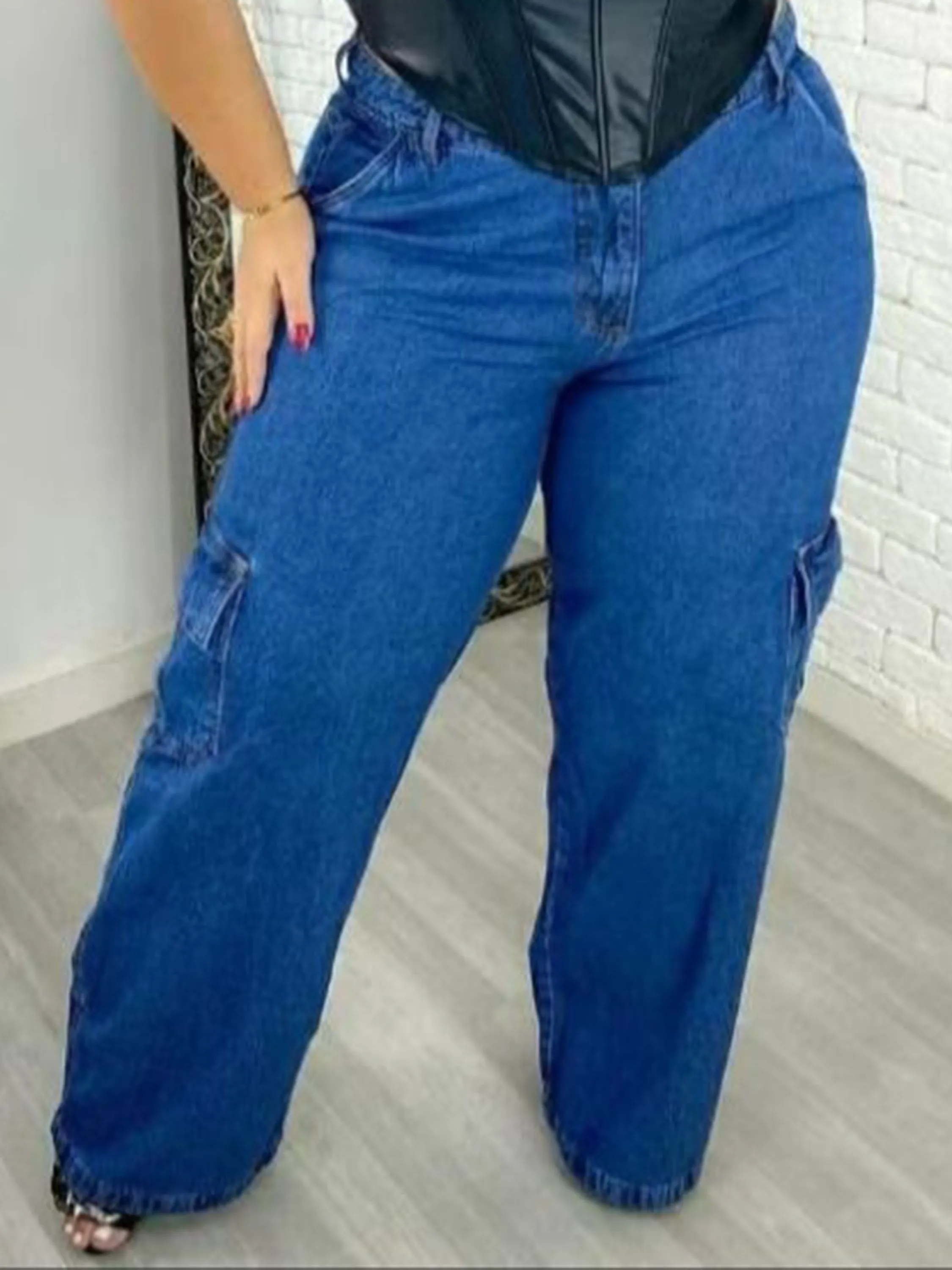 Calça Jeans Feminina Cargo Azul Plus Size Cintura Alta