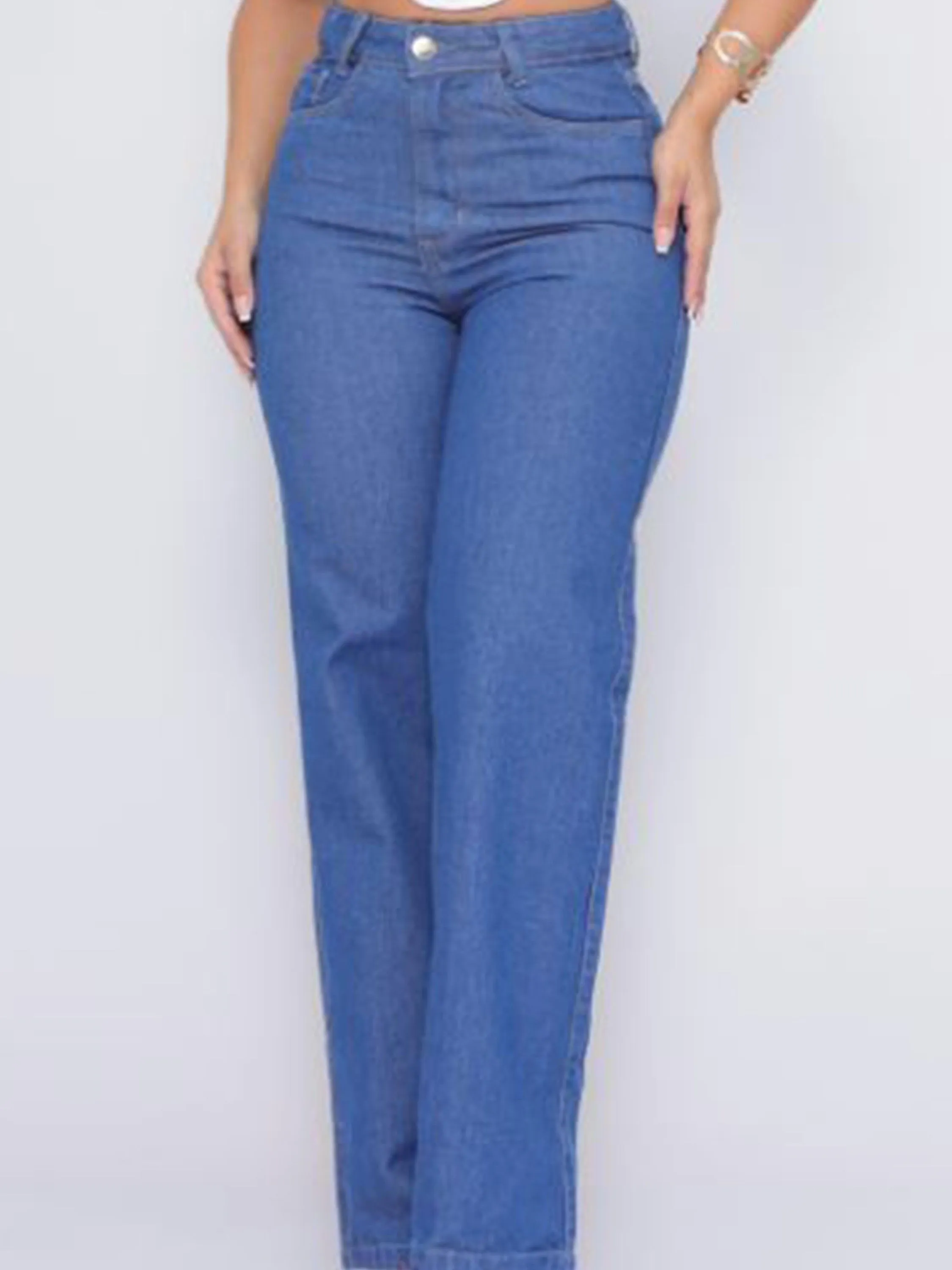 Calça Jeans Feminina Wideleg Azul Médio Cintura Alta