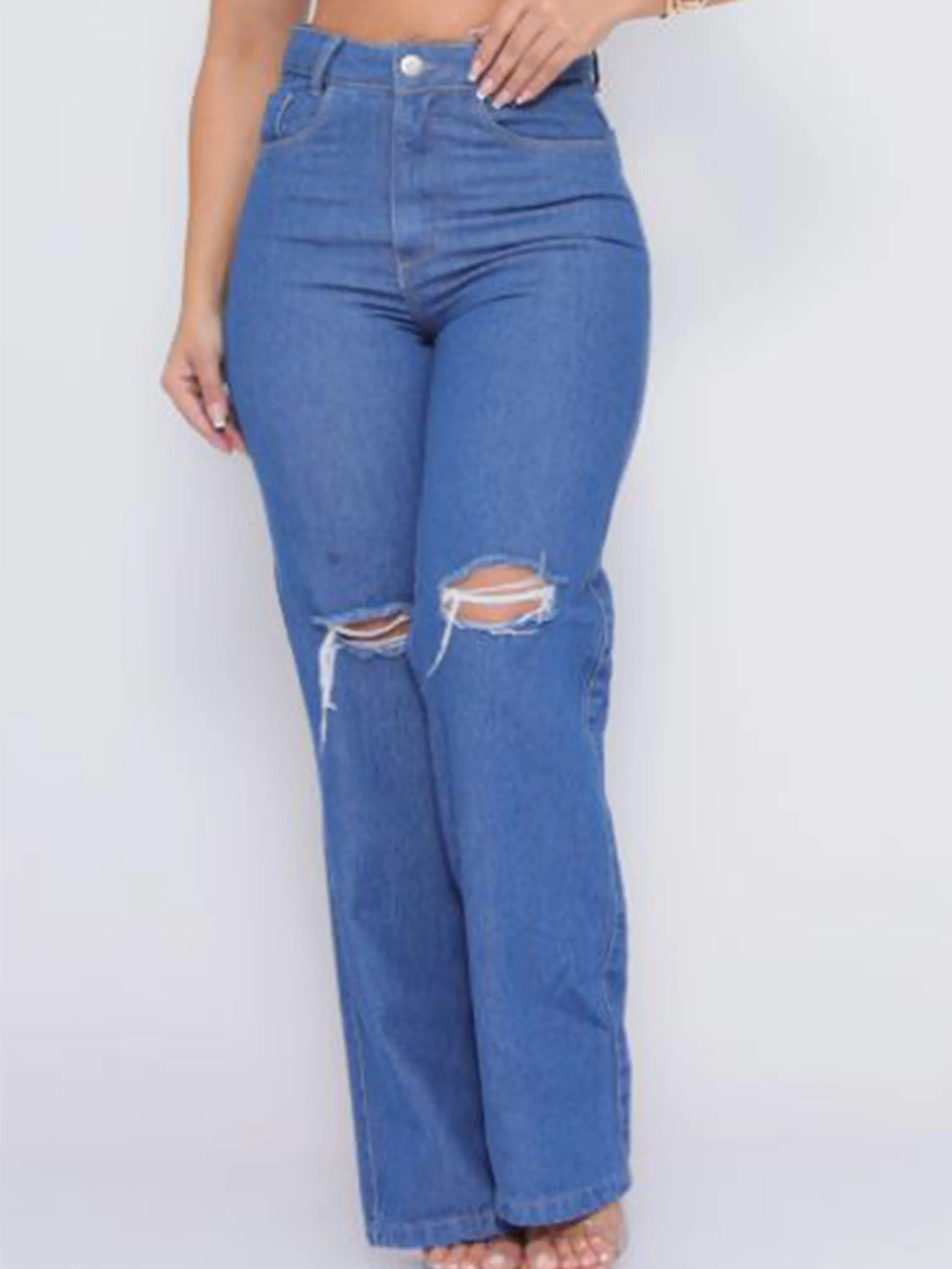 Calça Jeans Feminina Wideleg Joelhos Rasgados