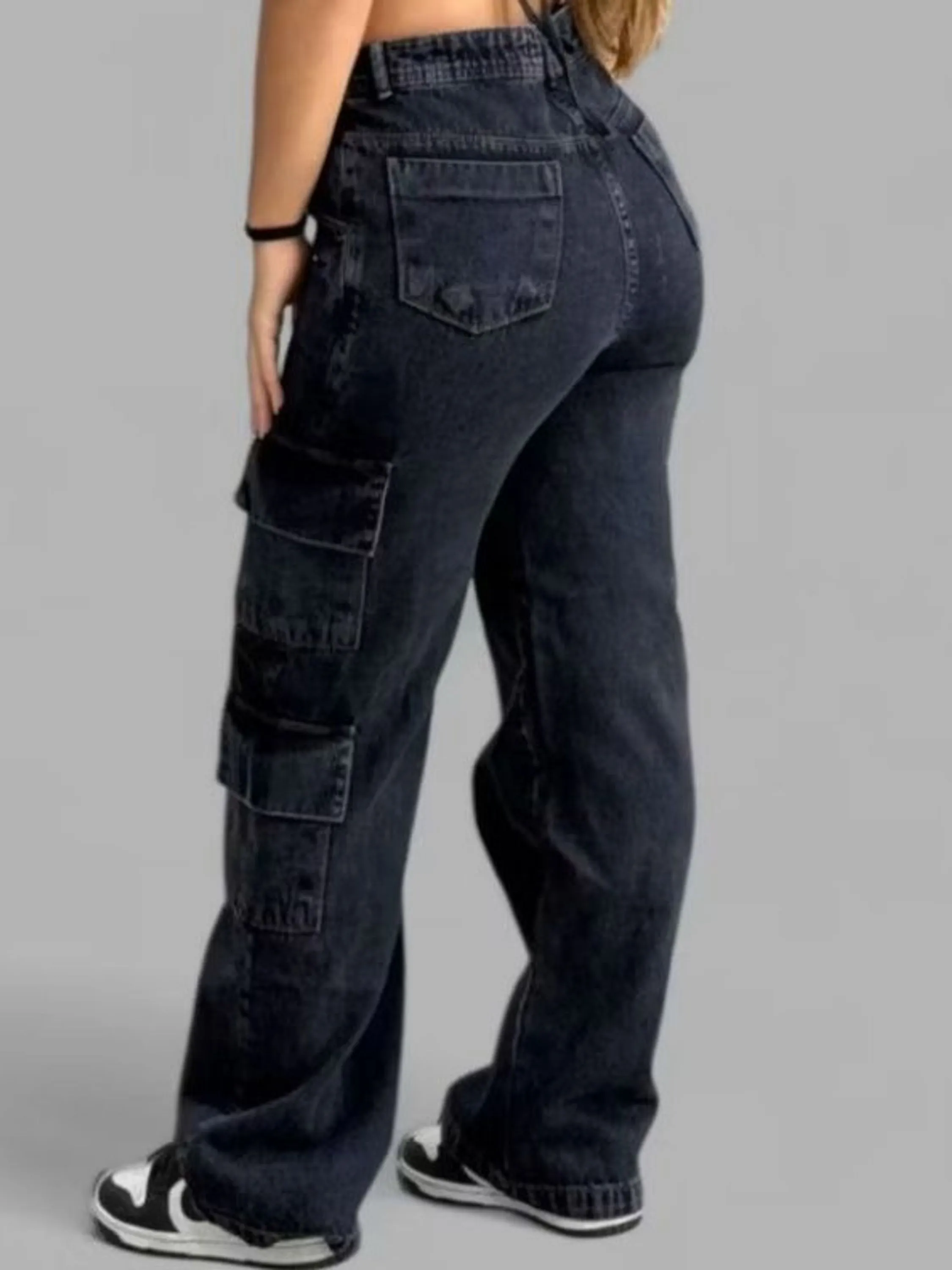 Calça Jeans Feminina Cargo 4 Bolsos Grafite Cintura Alta
