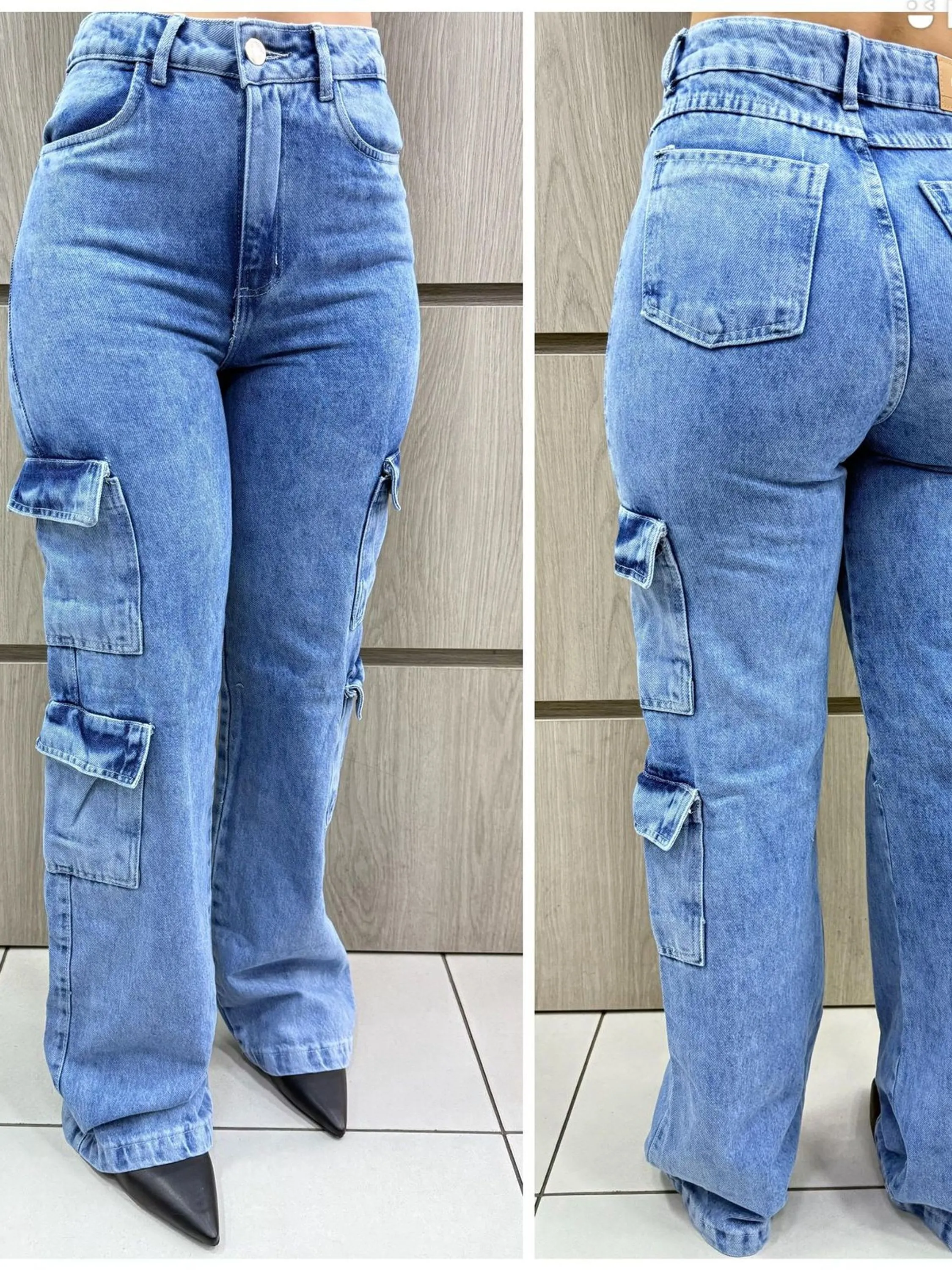 Calça Jeans Feminina Cargo 4 Bolsos Cintura Alta Azul