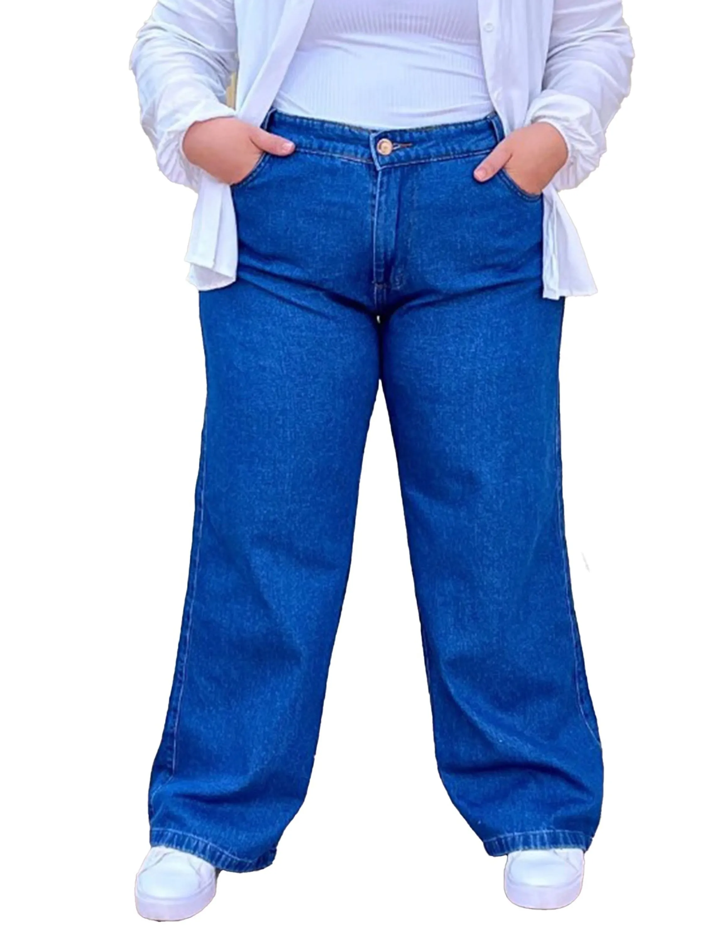 Calça Jeans Feminina Plus Size Wideleg Cintura Alta