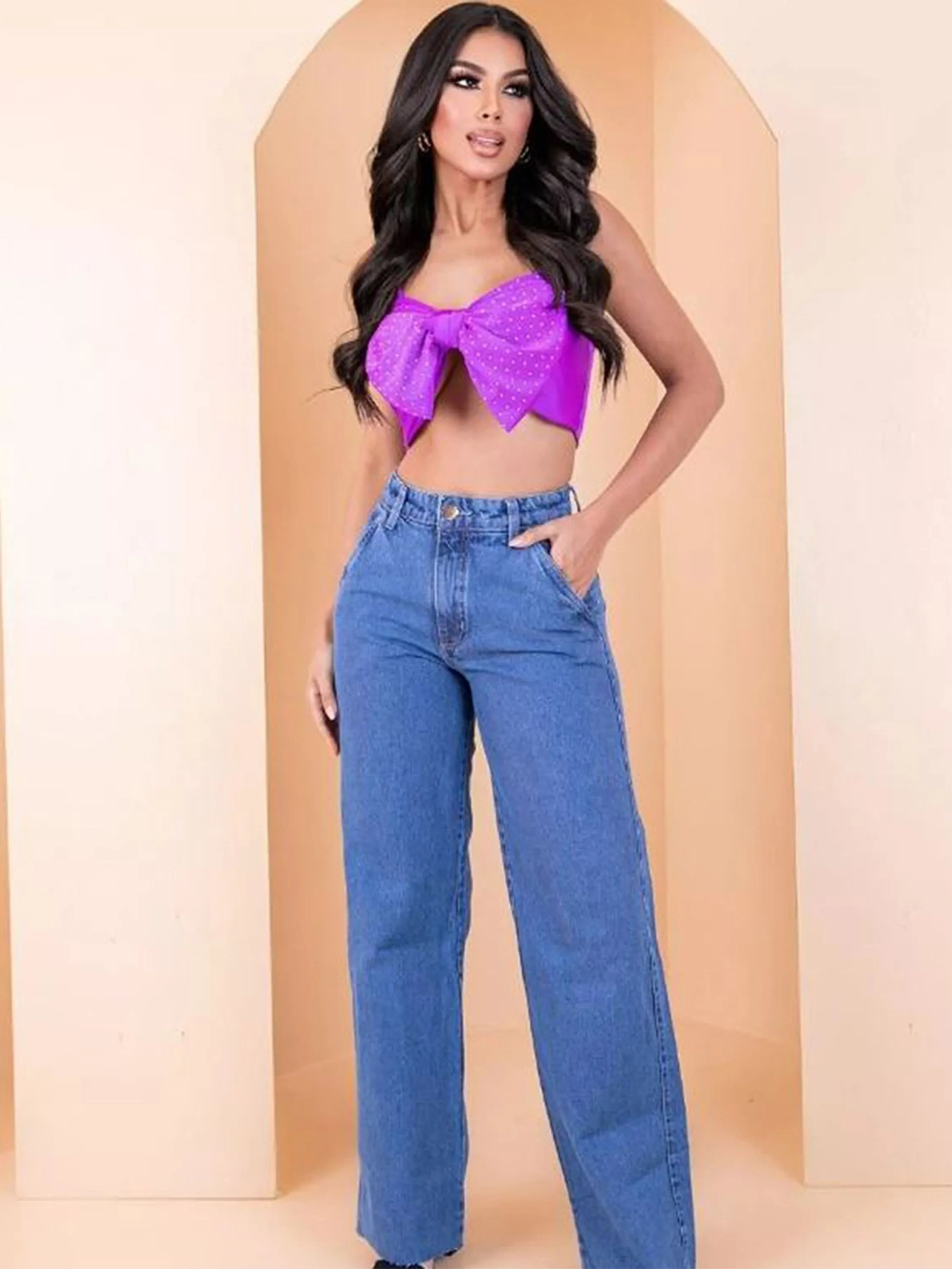 Calça Jeans Feminina Wideleg Azul Cintura Alta